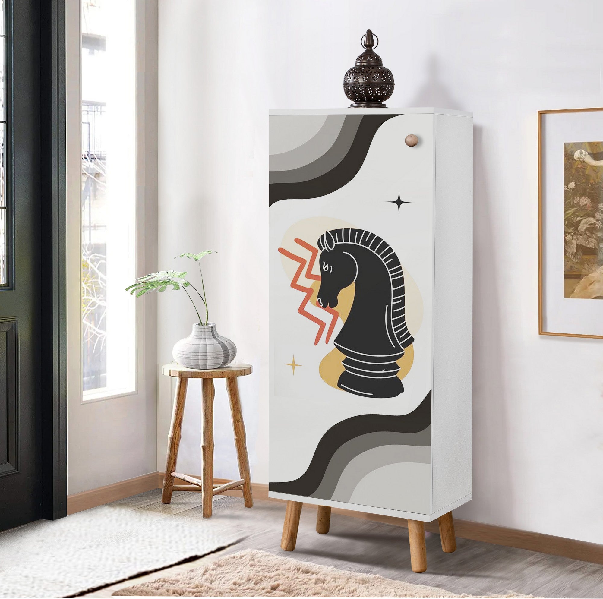 Elegante sapateira branca, 50 cm L x 135 cm A x 38 cm P | 100% aglomerado revestido em melamina, pés e puxadores de madeira maciça | Solução de armazenamento elegante para qualquer entrada