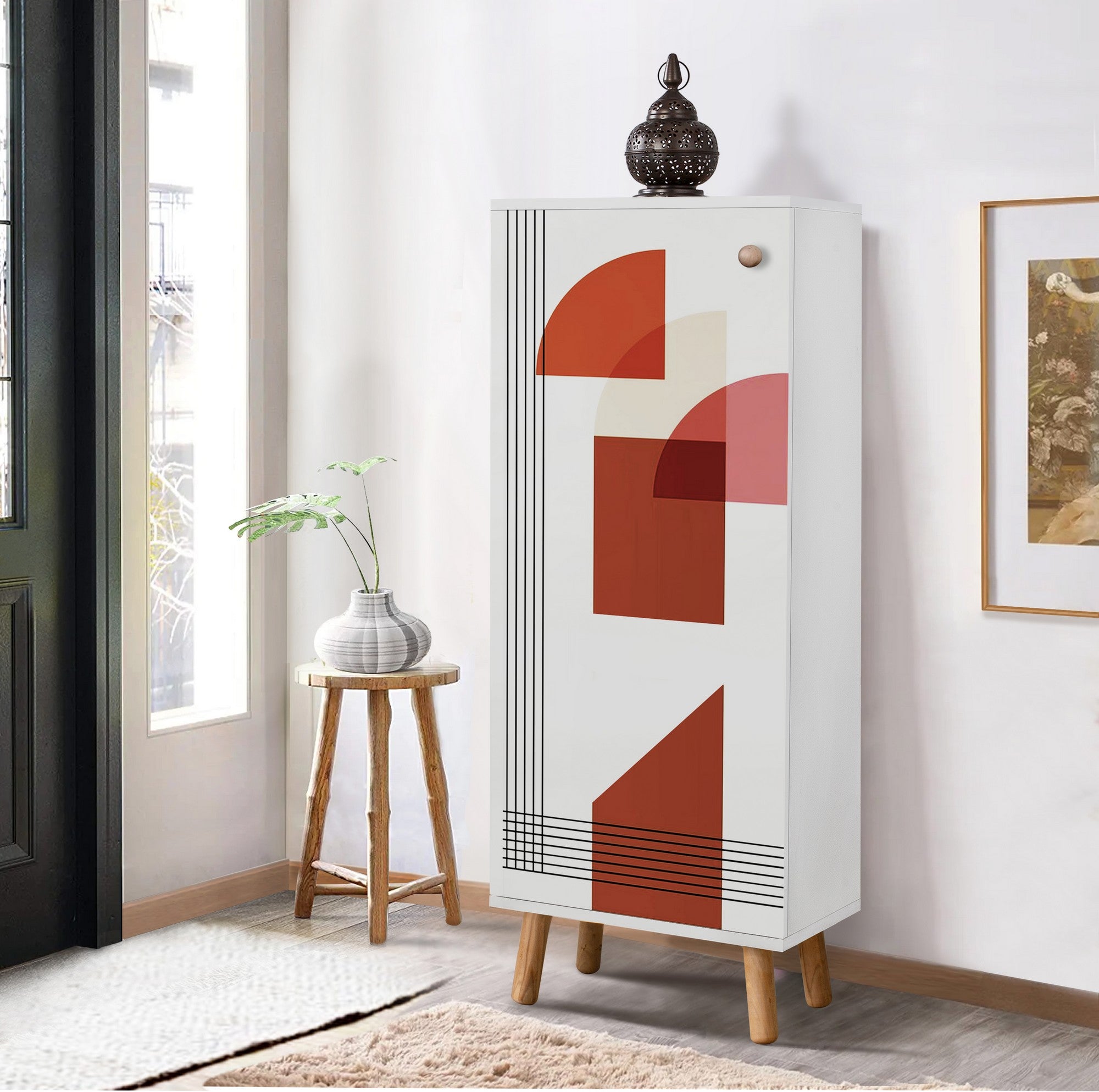 Elegante sapateira branca, 50 cm L x 135 cm A x 38 cm P | 100% aglomerado revestido em melamina, pés e puxadores de madeira maciça | Solução de armazenamento elegante para qualquer entrada