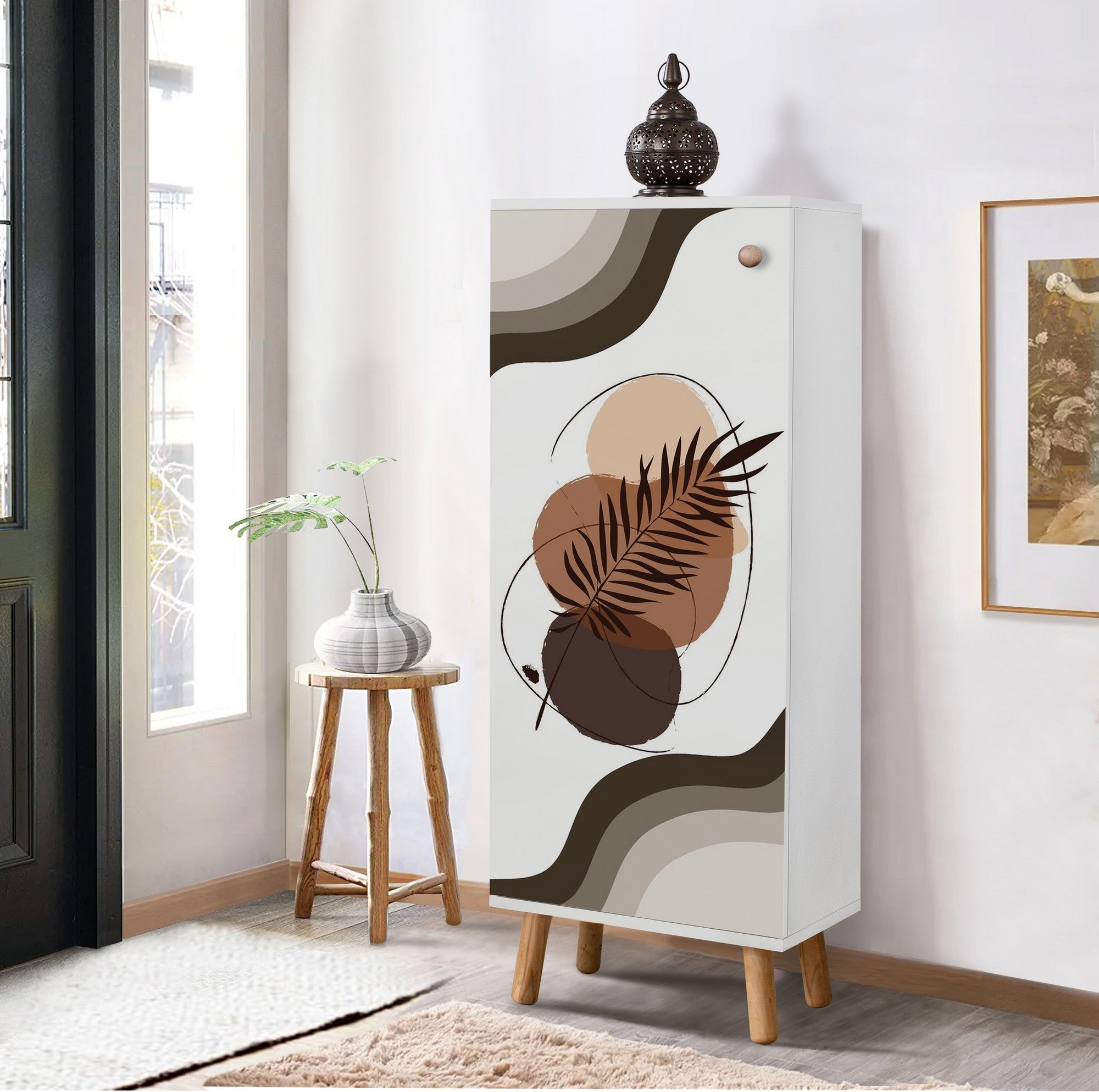 Elegante sapateira branca, 50 cm L x 135 cm A x 38 cm P | 100% aglomerado revestido em melamina, pés e puxadores de madeira maciça | Solução de armazenamento elegante para qualquer entrada
