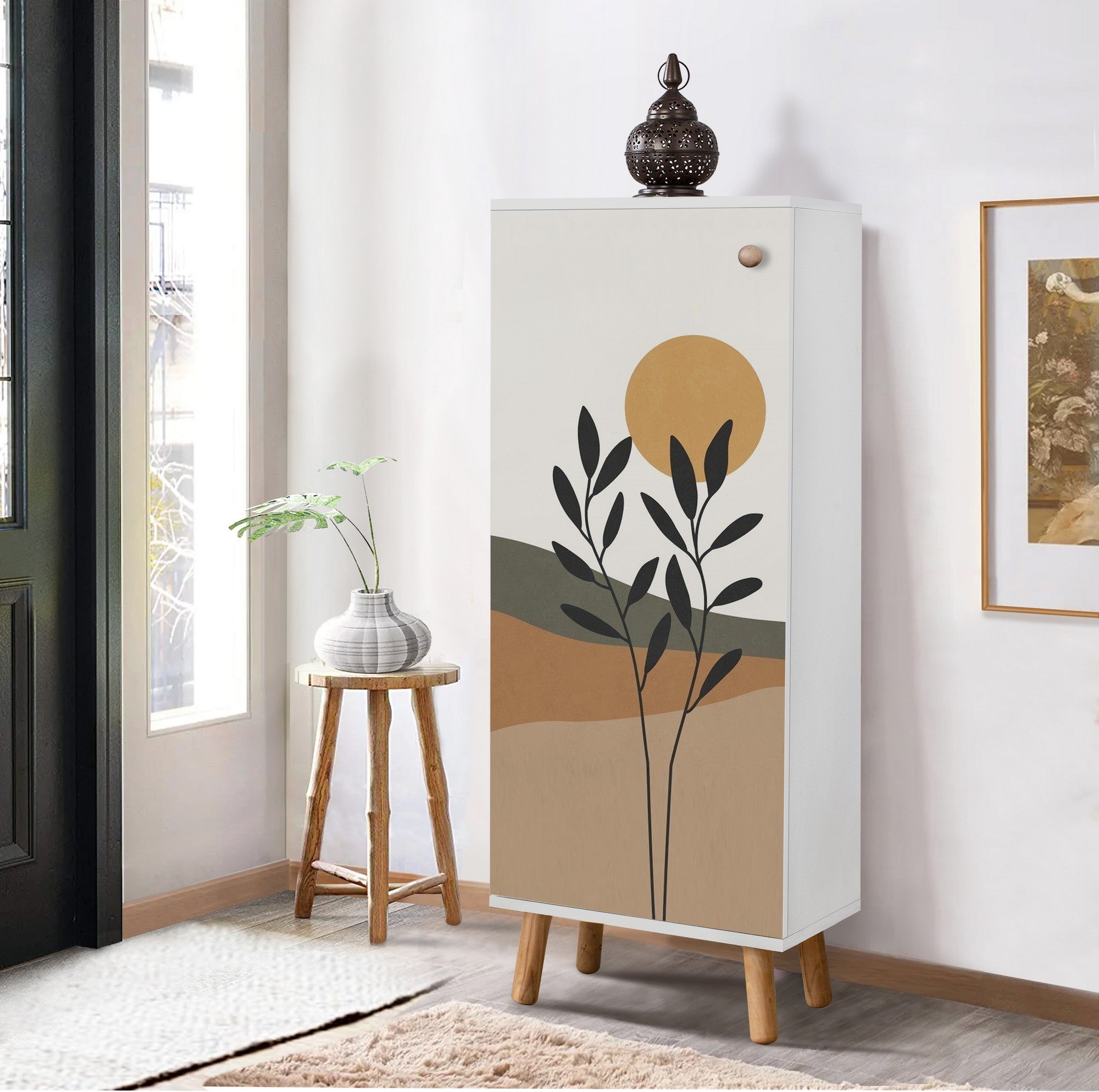 Elegante sapateira branca, 50 cm L x 135 cm A x 38 cm P | 100% aglomerado revestido em melamina, pés e puxadores de madeira maciça | Solução de armazenamento elegante para qualquer entrada
