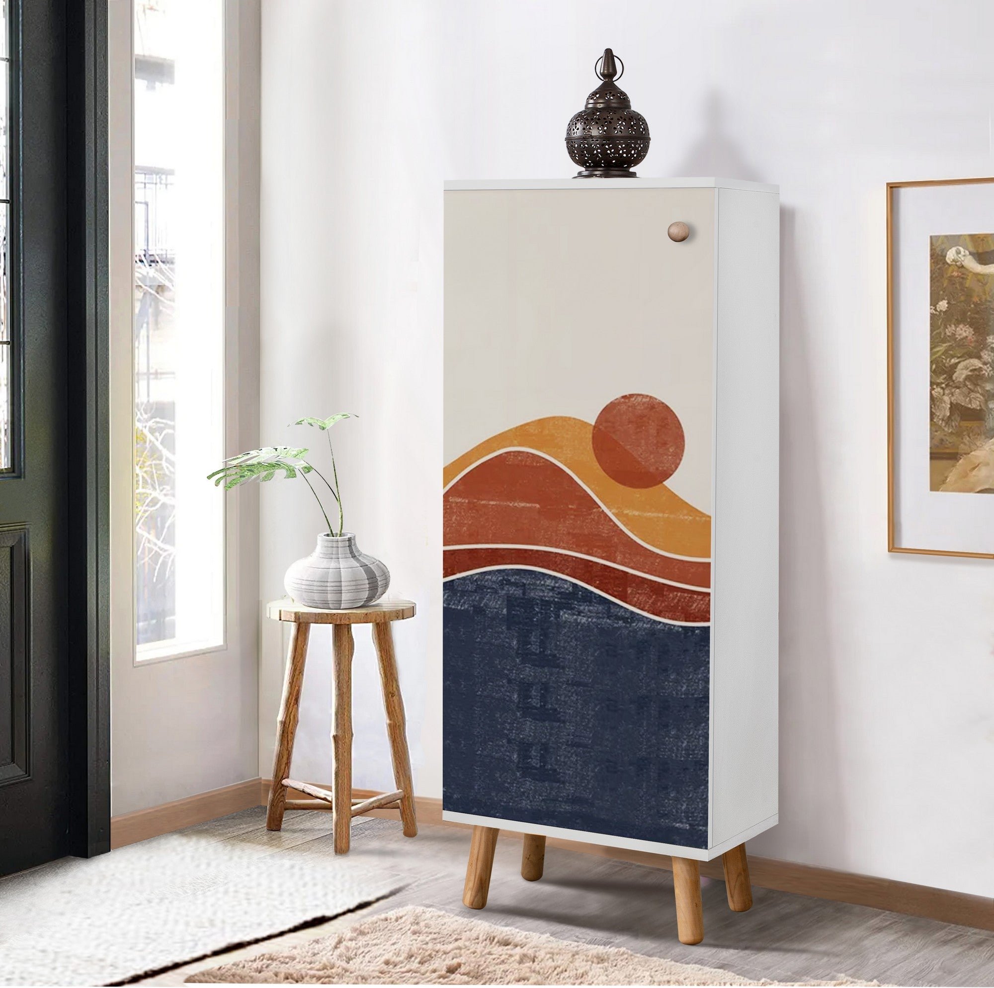 Elegante sapateira branca, 50 cm L x 135 cm A x 38 cm P | 100% aglomerado revestido em melamina, pés e puxadores de madeira maciça | Solução de armazenamento elegante para qualquer entrada