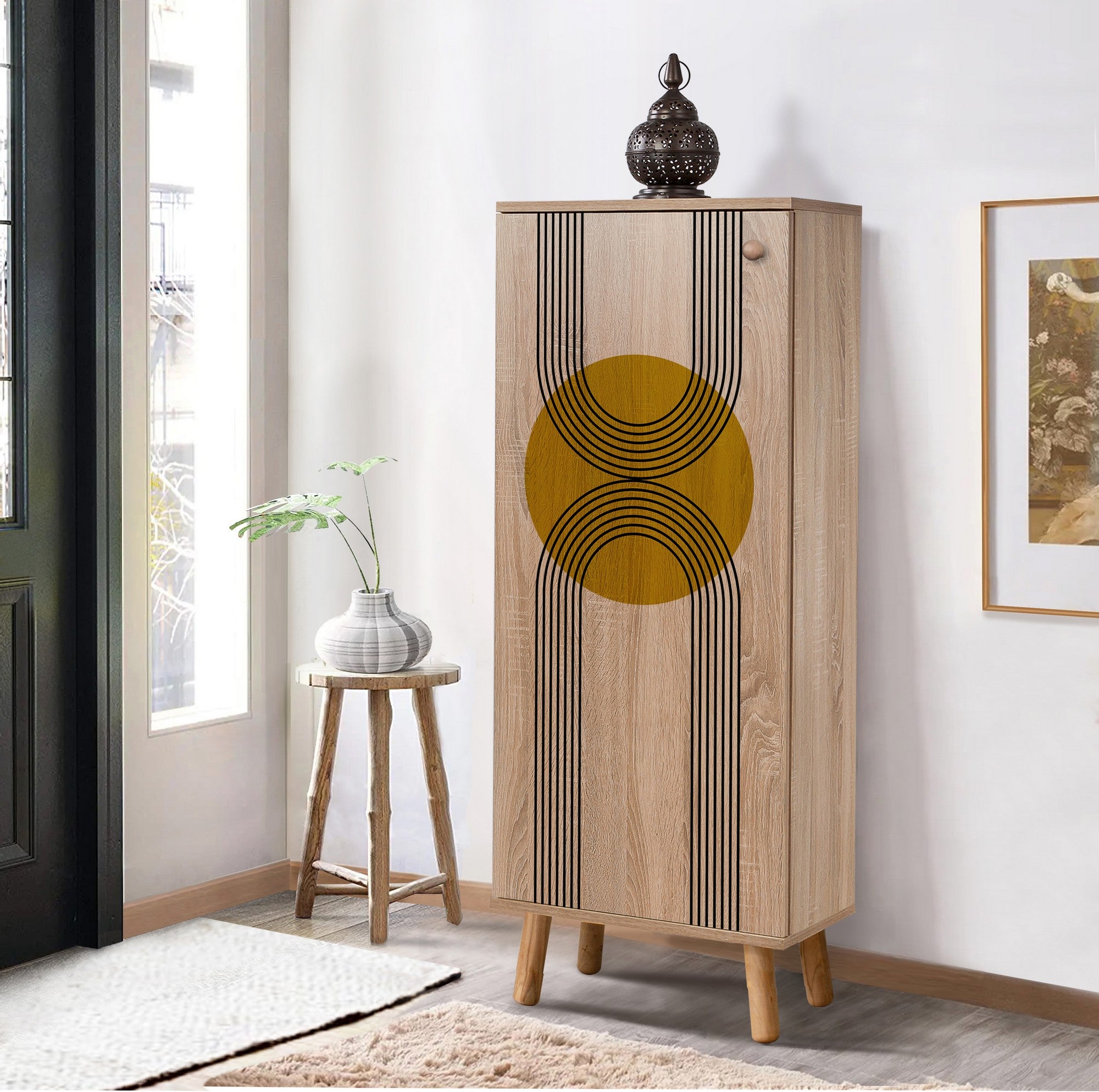 Sapateira estilosa, cor Sonomo, 50 x 135 x 38 cm | Aglomerado 100% revestido em melamina, pés e puxadores de madeira maciça | Revestimento UV durável, amplo espaço de armazenamento