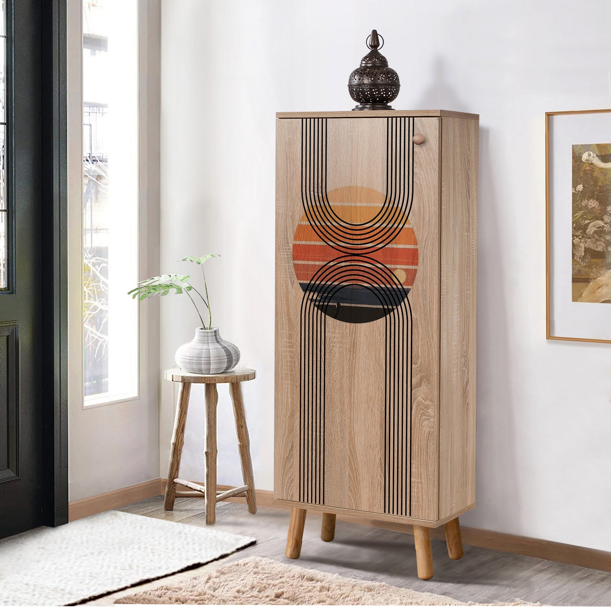 Sapateira estilosa, cor Sonomo, 50 x 135 x 38 cm | Aglomerado 100% revestido em melamina, pés e puxadores de madeira maciça | Revestimento UV durável, amplo espaço de armazenamento