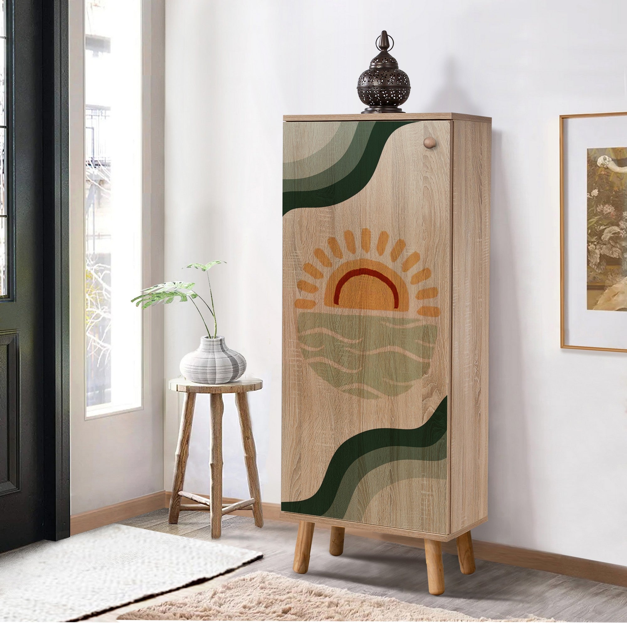 Sapateira estilosa, cor Sonomo, 50 x 135 x 38 cm | Aglomerado 100% revestido em melamina, pés e puxadores de madeira maciça | Revestimento UV durável, amplo espaço de armazenamento
