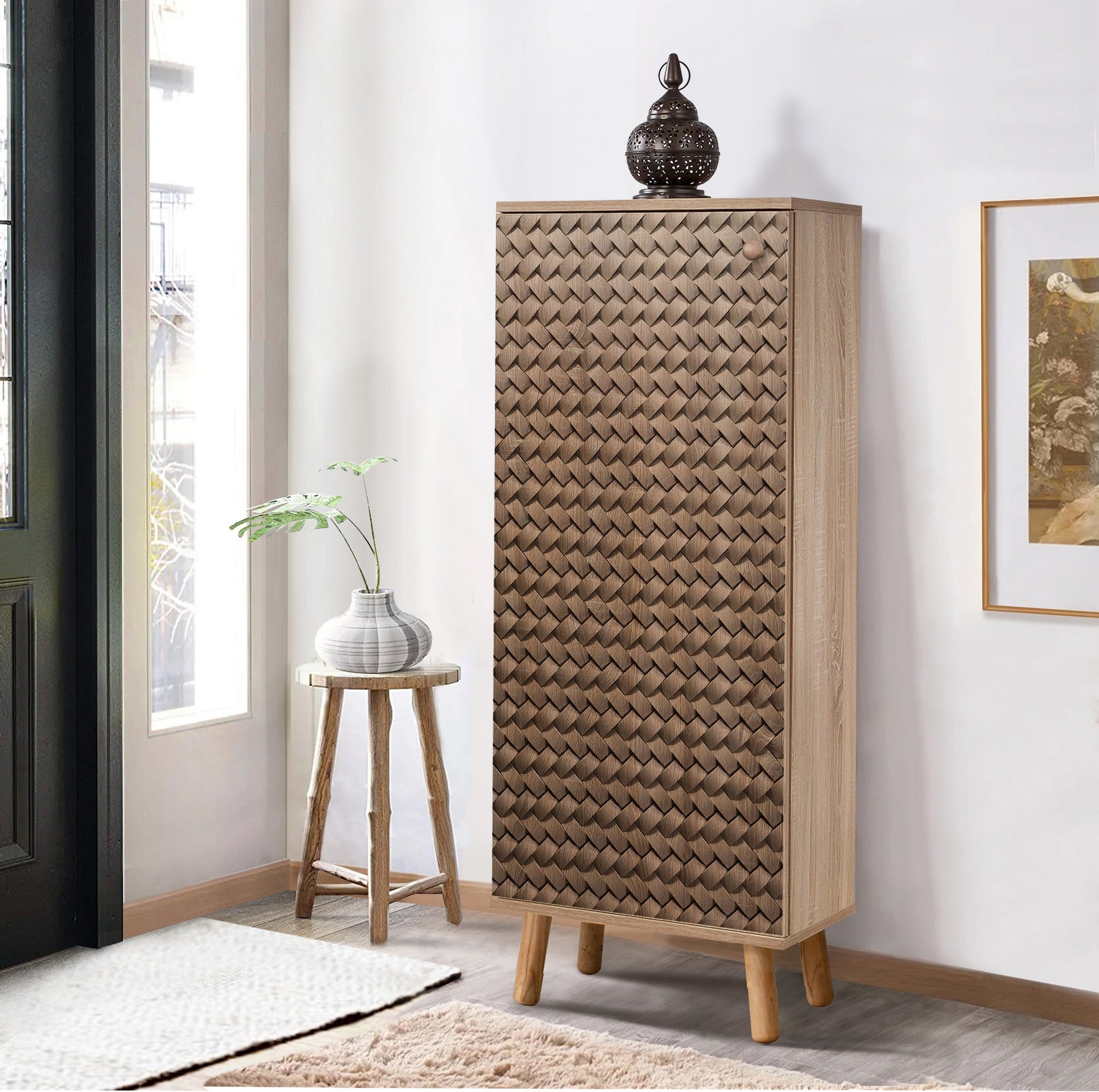 Sapateira estilosa, cor Sonomo, 50 x 135 x 38 cm | Aglomerado 100% revestido em melamina, pés e puxadores de madeira maciça | Revestimento UV durável, amplo espaço de armazenamento