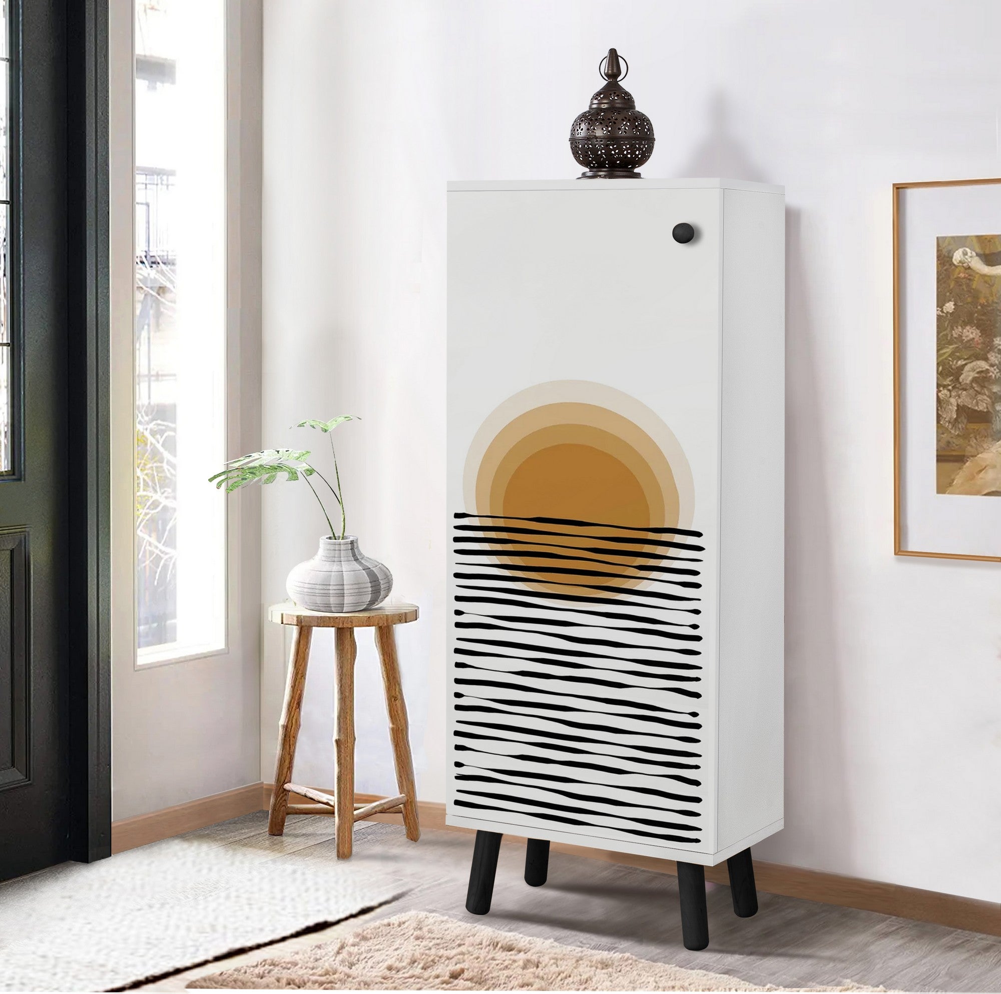Sapateira estilosa, branca e preta, 50 x 135 x 38 cm | Aglomerado 100% revestido em melamina, pés e puxadores de madeira maciça | Revestimento UV durável, amplo espaço de armazenamento