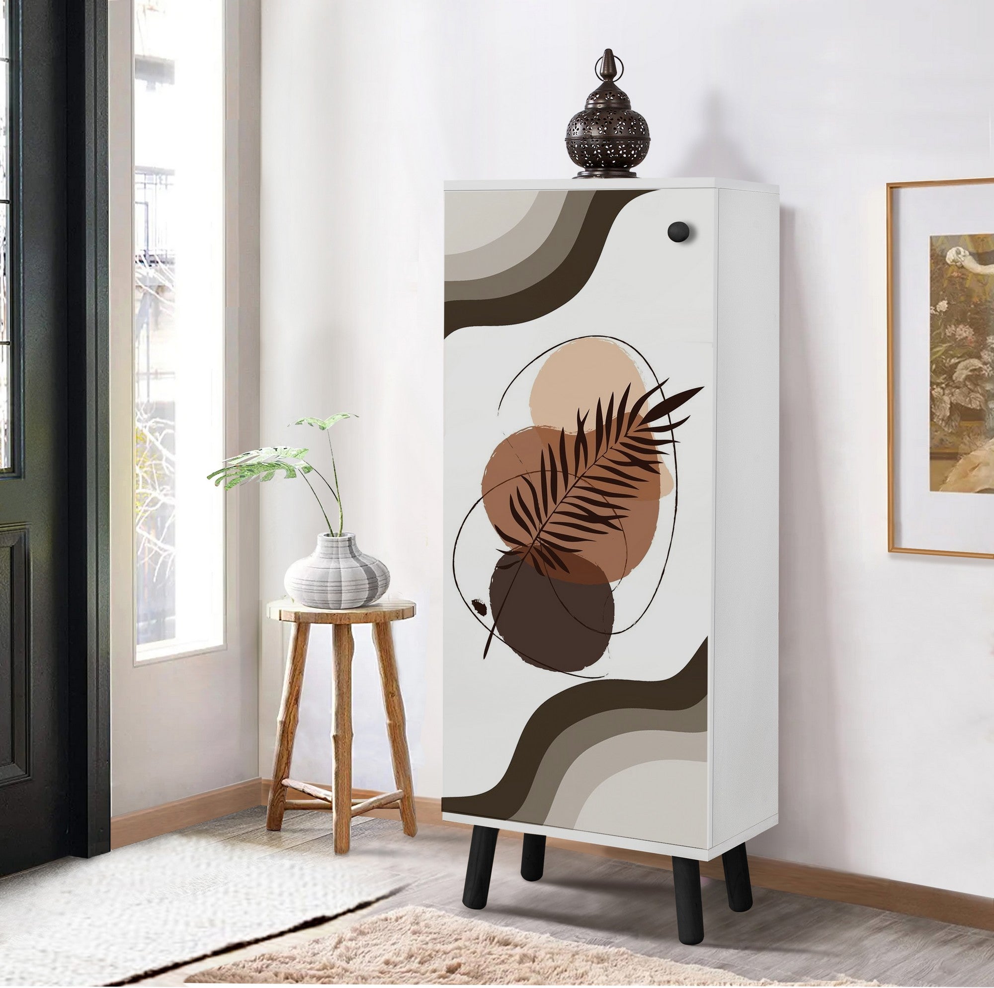Sapateira estilosa, branca e preta, 50 x 135 x 38 cm | Aglomerado 100% revestido em melamina, pés e puxadores de madeira maciça | Revestimento UV durável, amplo espaço de armazenamento