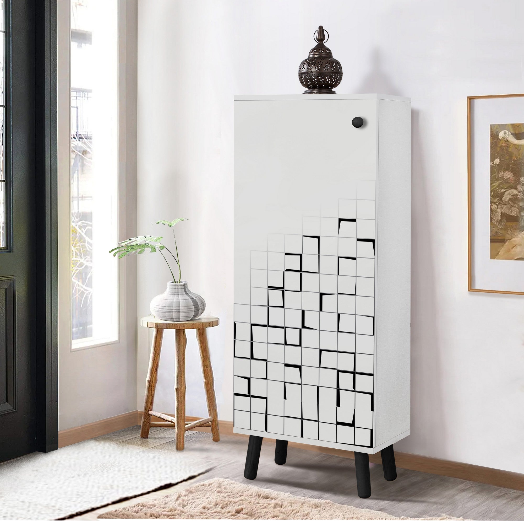 Sapateira estilosa, branca e preta, 50 x 135 x 38 cm | Aglomerado 100% revestido em melamina, pés e puxadores de madeira maciça | Revestimento UV durável, amplo espaço de armazenamento