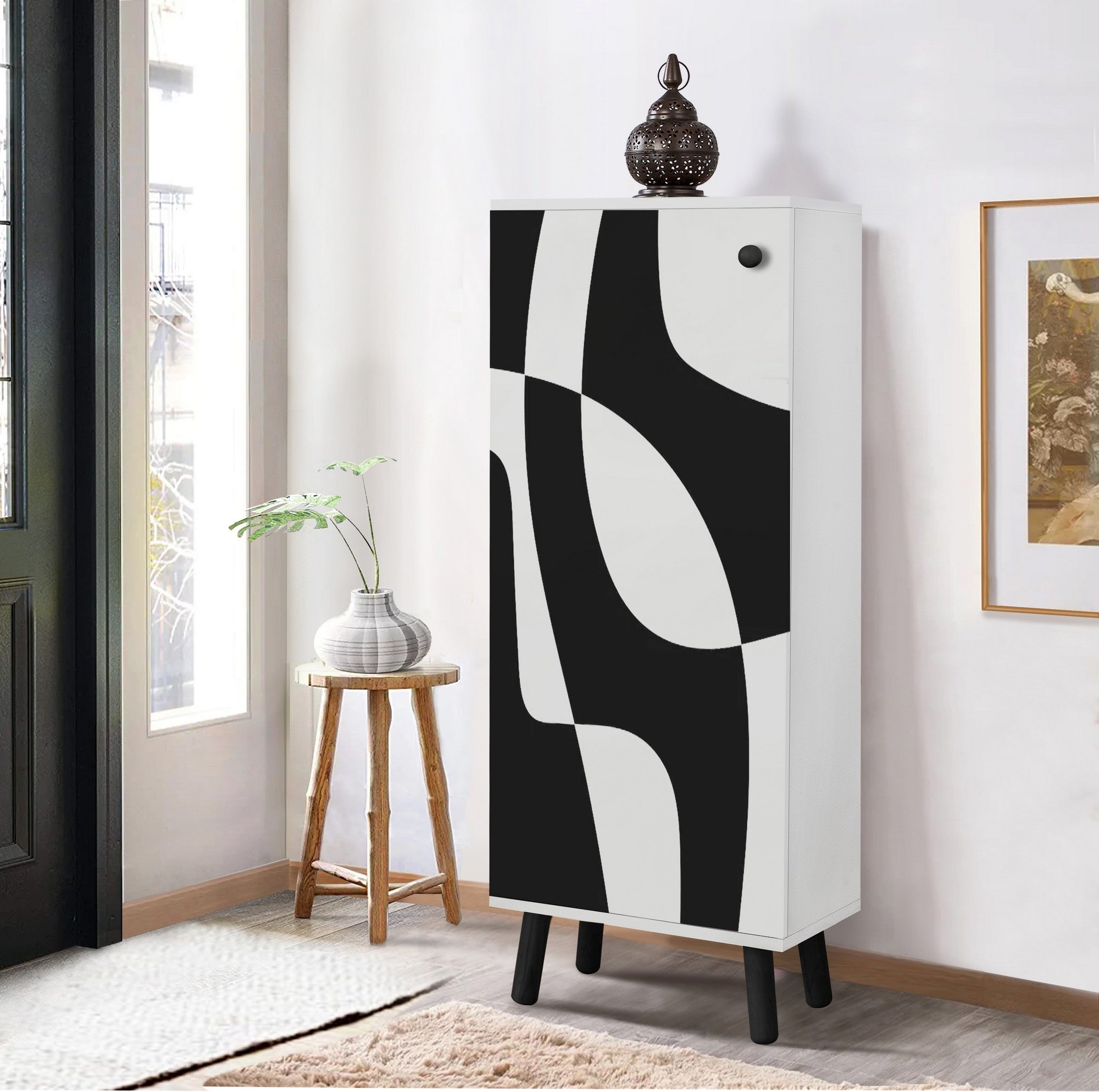 Sapateira estilosa, branca e preta, 50 x 135 x 38 cm | Aglomerado 100% revestido em melamina, pés e puxadores de madeira maciça | Revestimento UV durável, amplo espaço de armazenamento