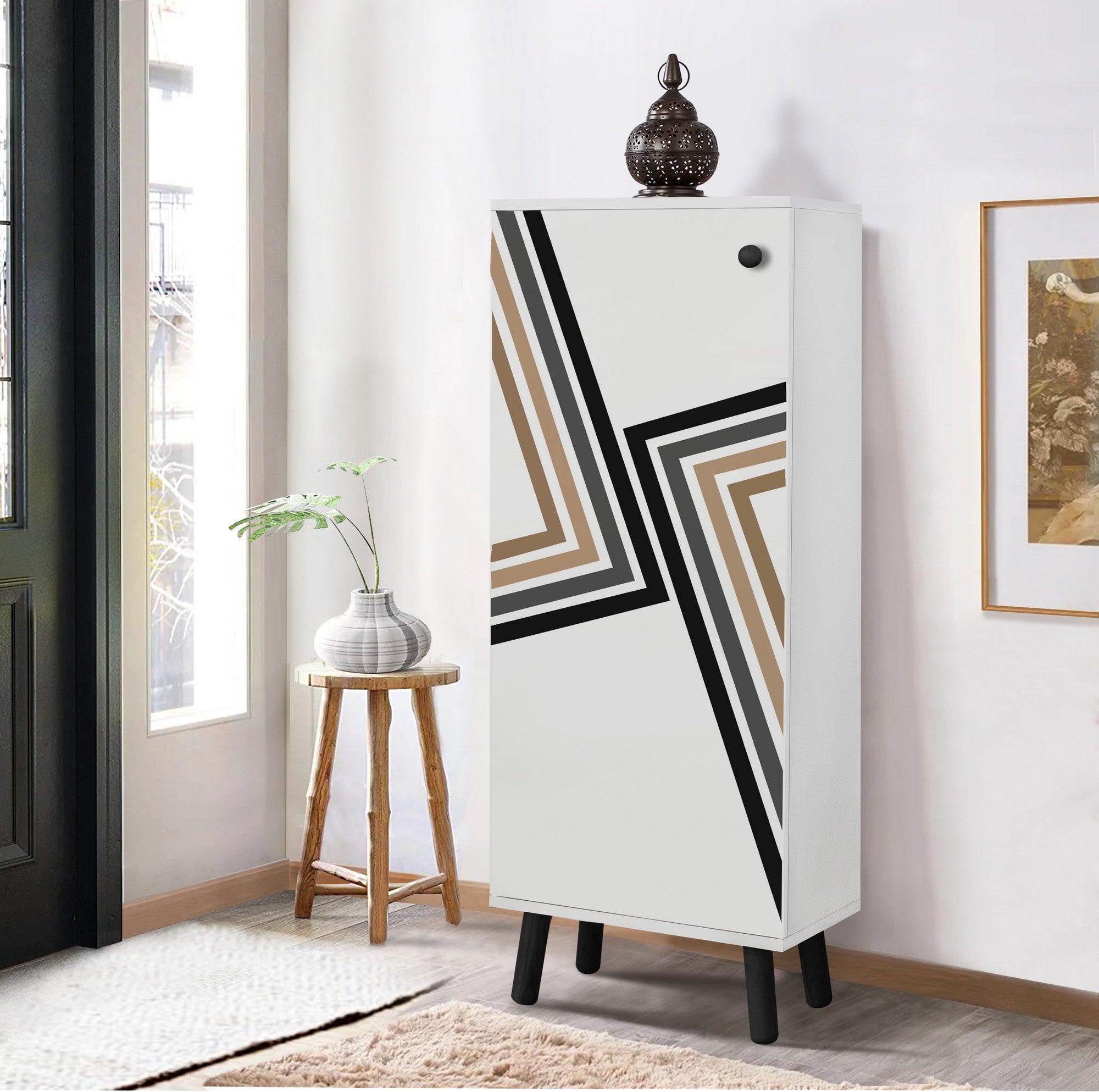 Sapateira estilosa, branca e preta, 50 x 135 x 38 cm | Aglomerado 100% revestido em melamina, pés e puxadores de madeira maciça | Revestimento UV durável, amplo espaço de armazenamento