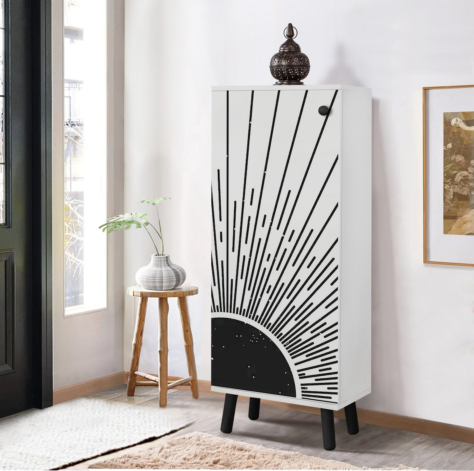 Sapateira estilosa, branca e preta, 50 x 135 x 38 cm | Aglomerado 100% revestido em melamina, pés e puxadores de madeira maciça | Revestimento UV durável, amplo espaço de armazenamento