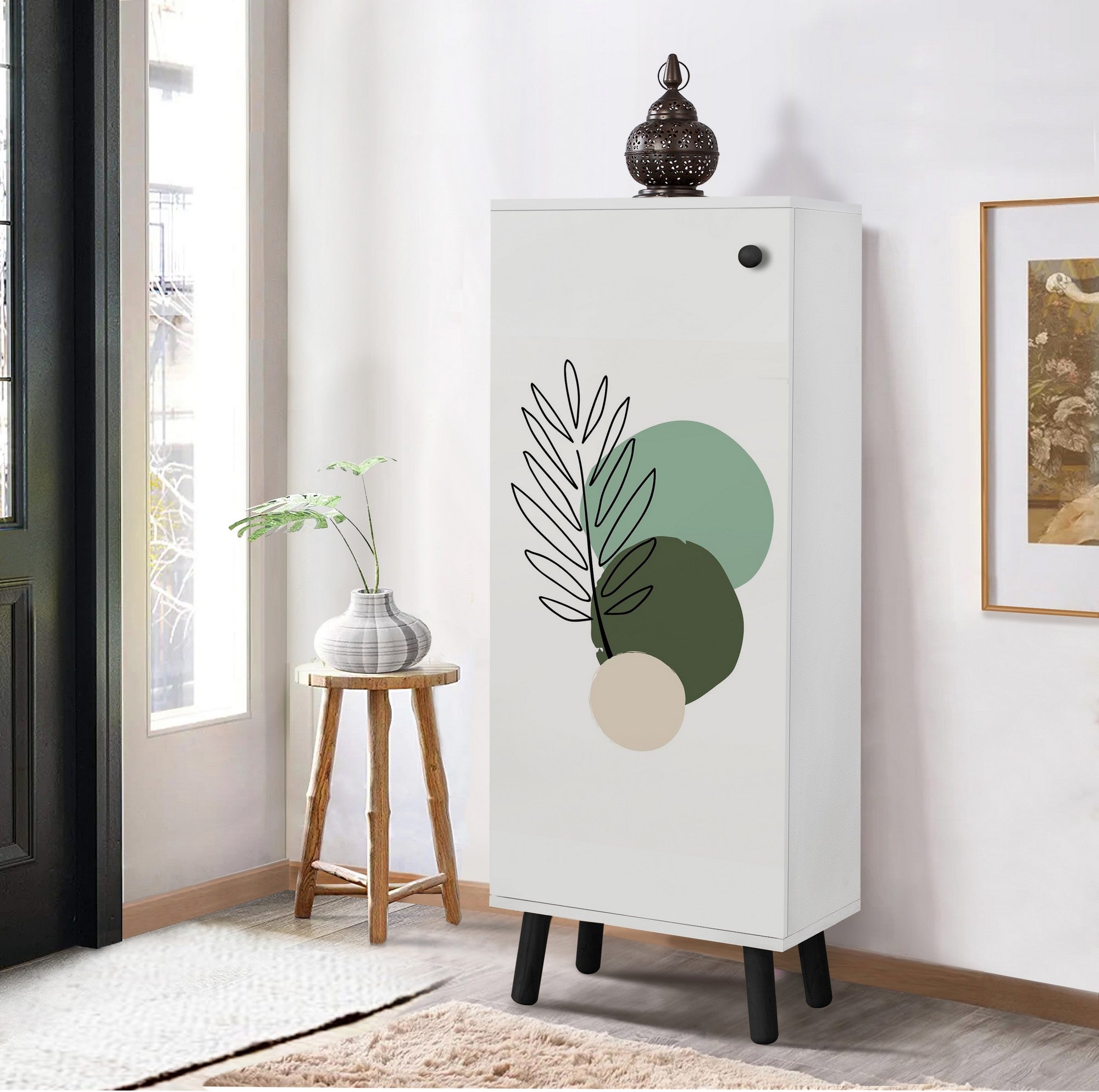 Sapateira estilosa, branca e preta, 50 x 135 x 38 cm | Aglomerado 100% revestido em melamina, pés e puxadores de madeira maciça | Revestimento UV durável, amplo espaço de armazenamento