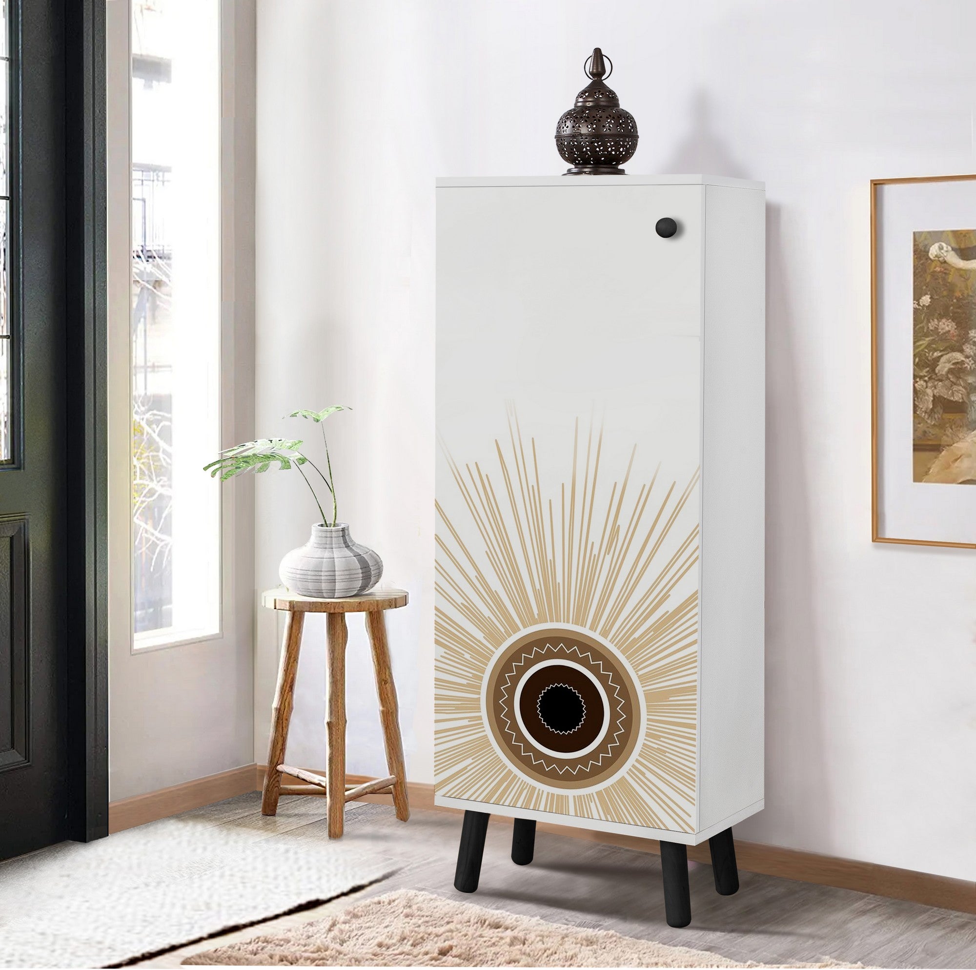 Sapateira estilosa, branca e preta, 50 x 135 x 38 cm | Aglomerado 100% revestido em melamina, pés e puxadores de madeira maciça | Revestimento UV durável, amplo espaço de armazenamento