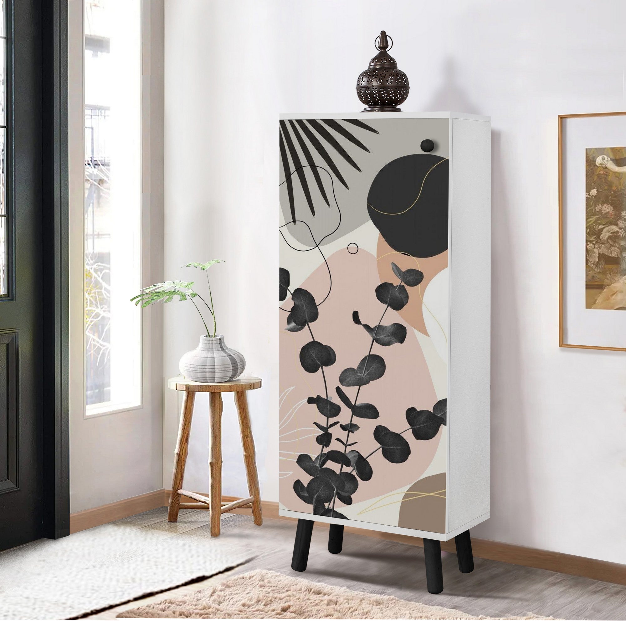 Sapateira estilosa, branca e preta, 50 x 135 x 38 cm | Aglomerado 100% revestido em melamina, pés e puxadores de madeira maciça | Revestimento UV durável, amplo espaço de armazenamento