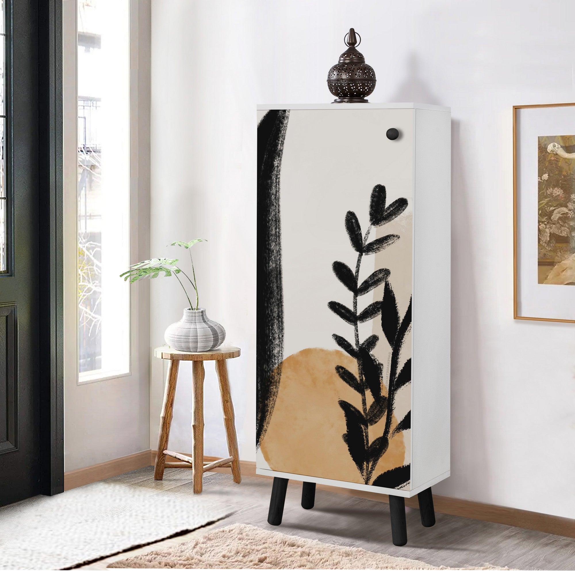 Sapateira estilosa, branca e preta, 50 x 135 x 38 cm | Aglomerado 100% revestido em melamina, pés e puxadores de madeira maciça | Revestimento UV durável, amplo espaço de armazenamento