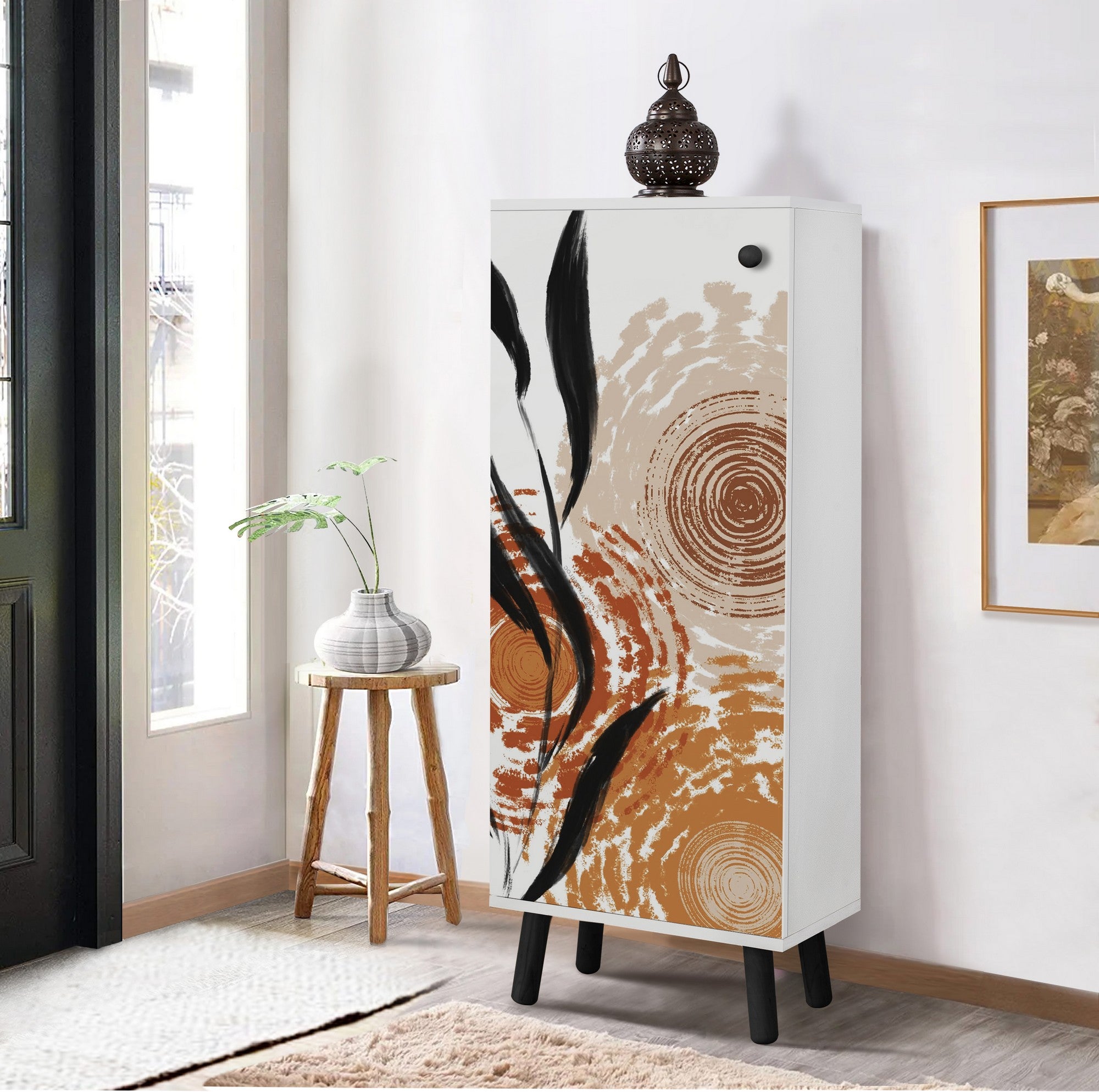 Sapateira estilosa, branca e preta, 50 x 135 x 38 cm | Aglomerado 100% revestido em melamina, pés e puxadores de madeira maciça | Revestimento UV durável, amplo espaço de armazenamento