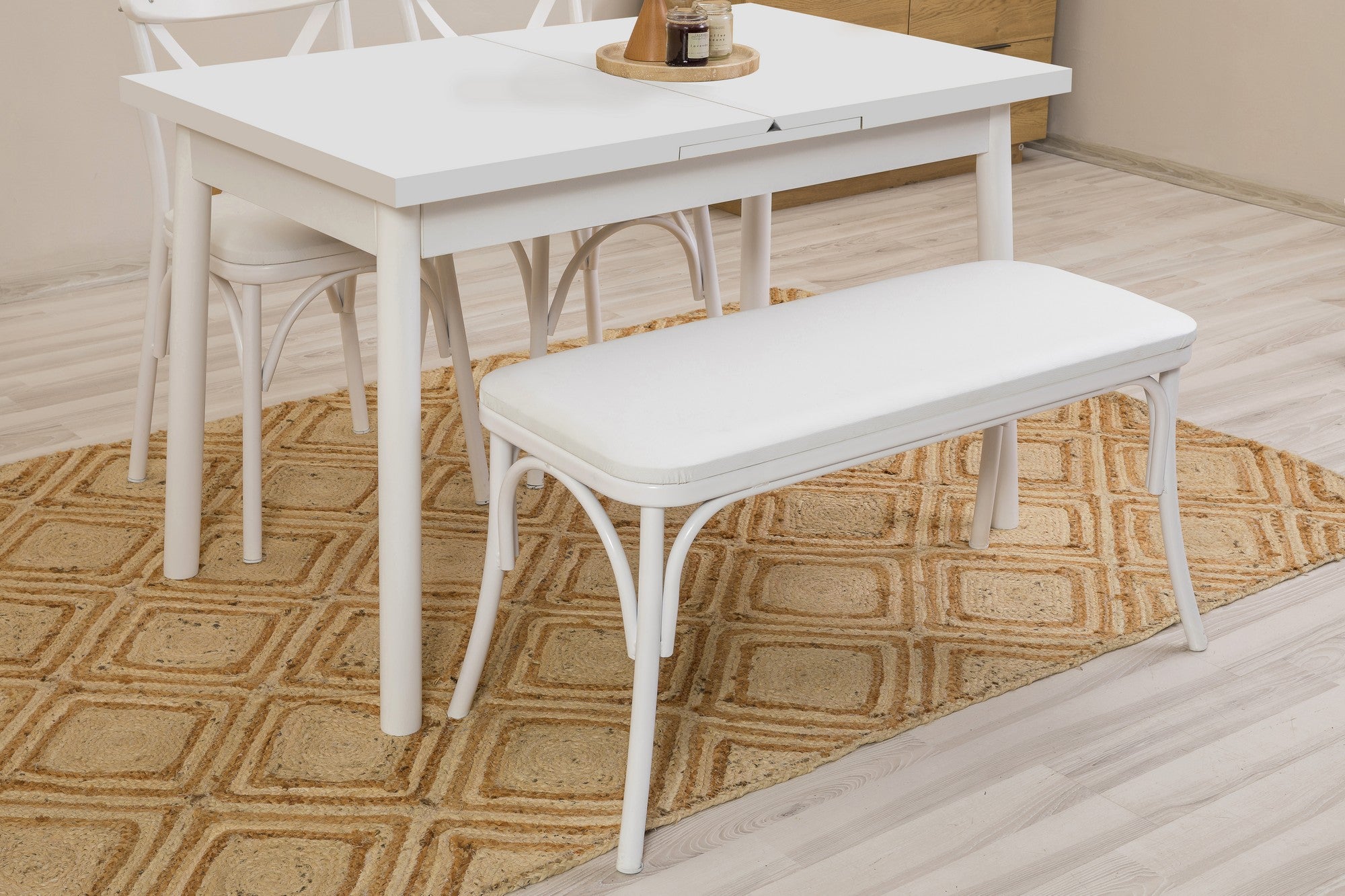 Conjunto de mesa de jantar extensível e cadeiras (4 peças), branco, 120-155 cm | Aglomerado 100% revestido em melamina, pernas de madeira de faia | Elegante e funcional para refeições modernas
