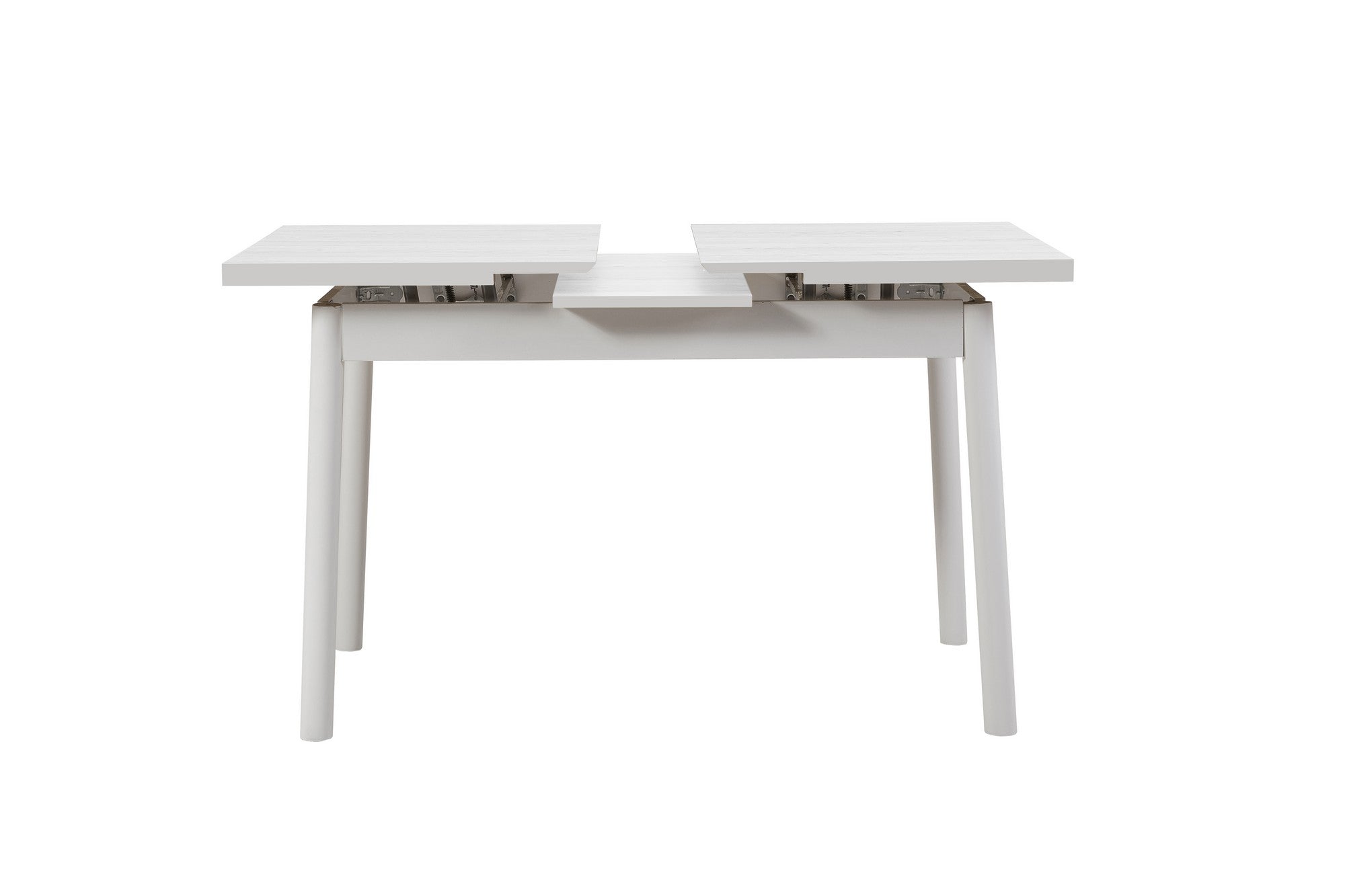 Conjunto de mesa de jantar extensível e cadeiras (4 peças), branco, 120-155 cm | Aglomerado 100% revestido em melamina, pernas de madeira de faia | Elegante e funcional para refeições modernas