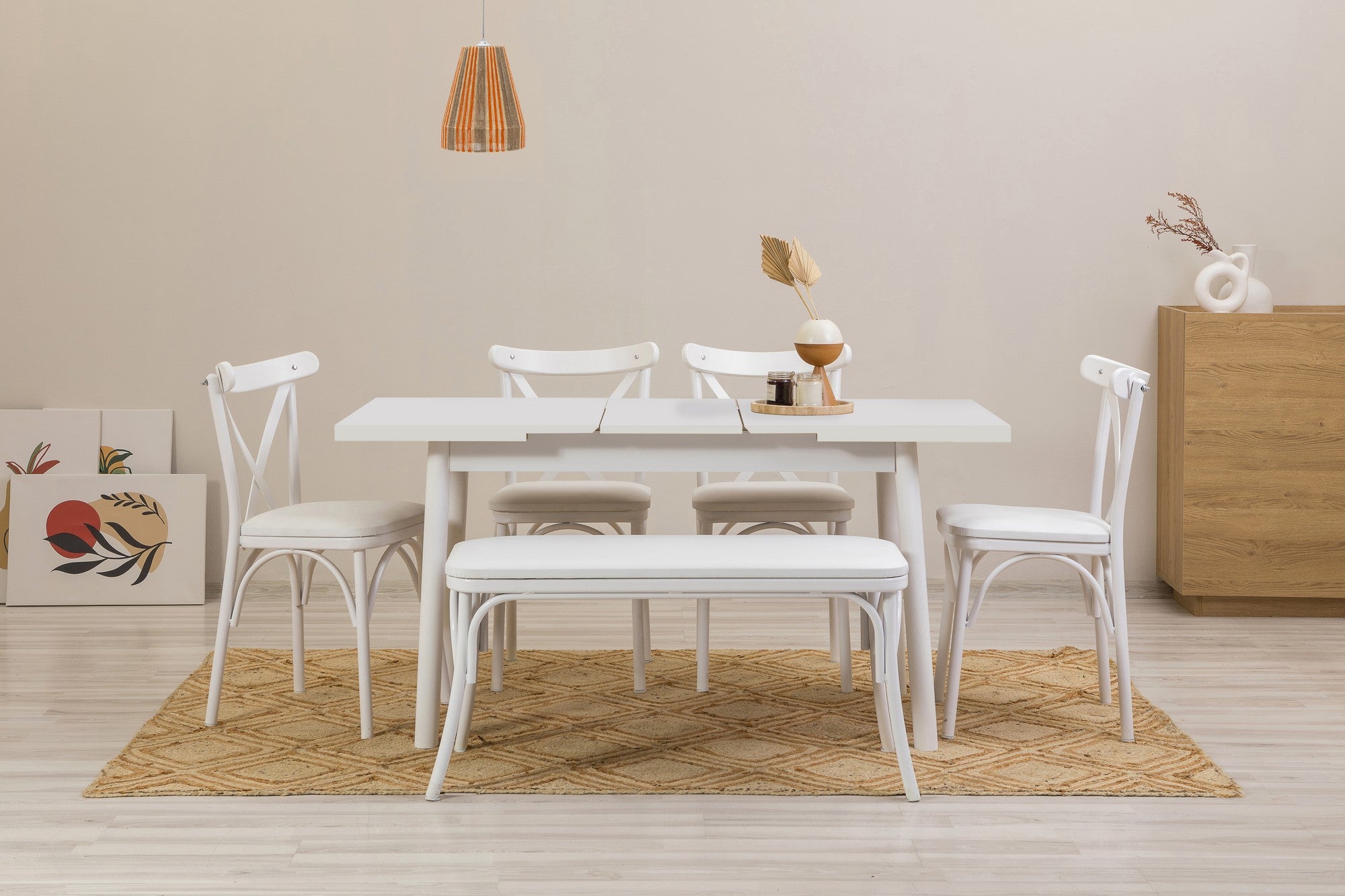 Conjunto de mesa de jantar extensível e cadeiras (6 peças), branco, 120-155 cm | Aglomerado 100% revestido em melamina, pernas de madeira de faia | Elegante e funcional para refeições modernas