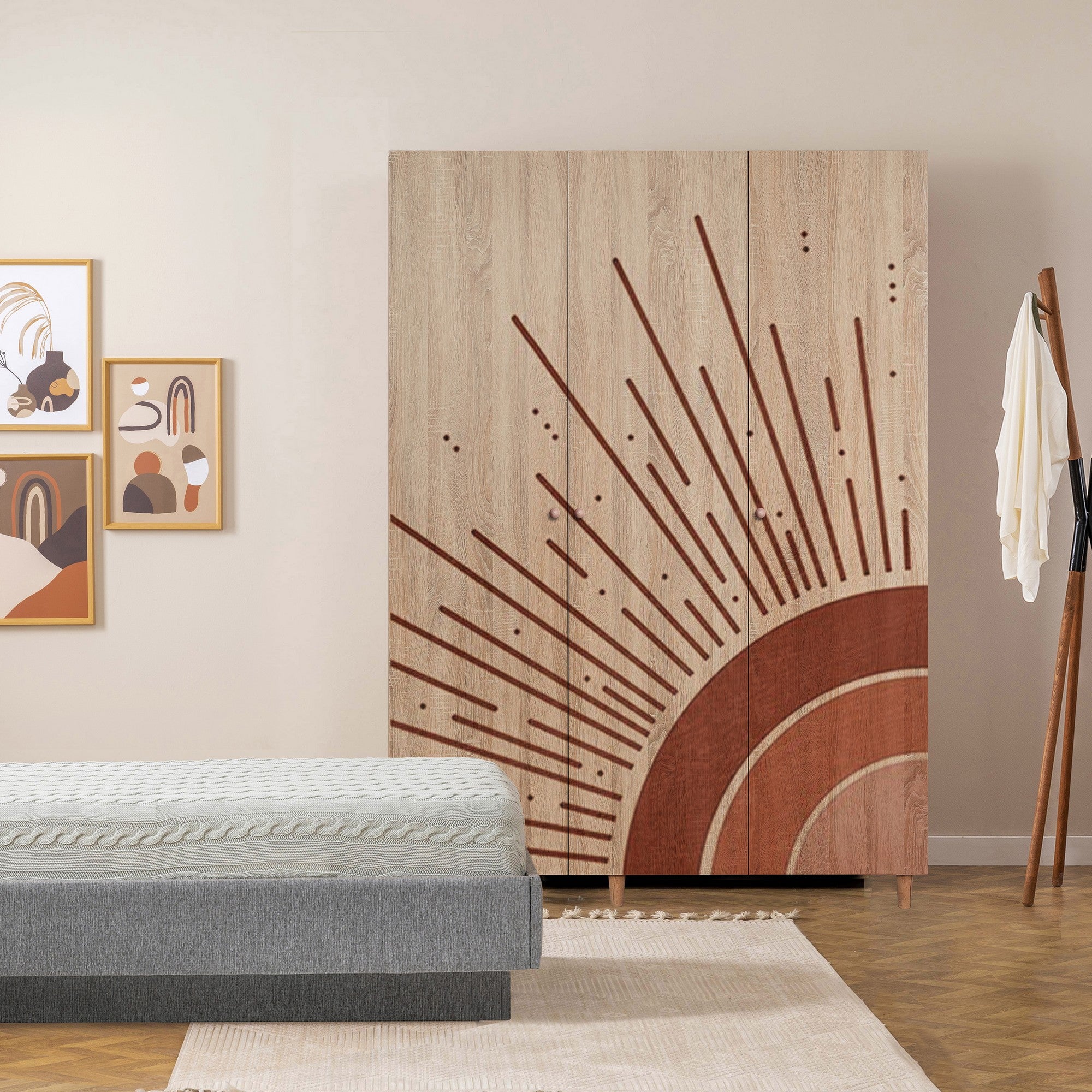 Guarda-roupa elegante com pernas de madeira de carpa – 135 x 192 x 52 cm – Sonomo – Aglomerado revestido em melamina