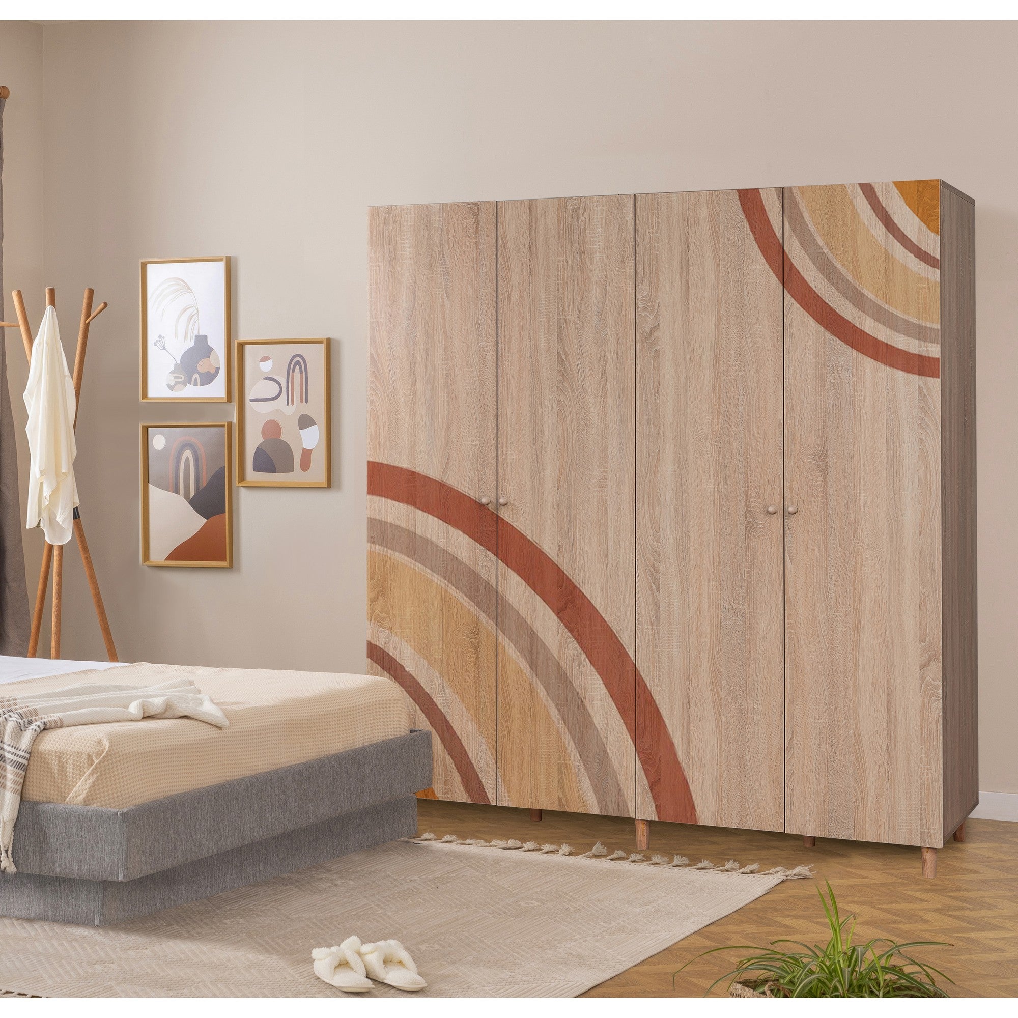 Guarda-roupa elegante com pés de madeira de carpa, cor Sonomo, 180 x 192 x 52 cm | Aglomerado 100% revestido em melamina, revestimento UV, puxadores de madeira maciça, prateleiras amplas