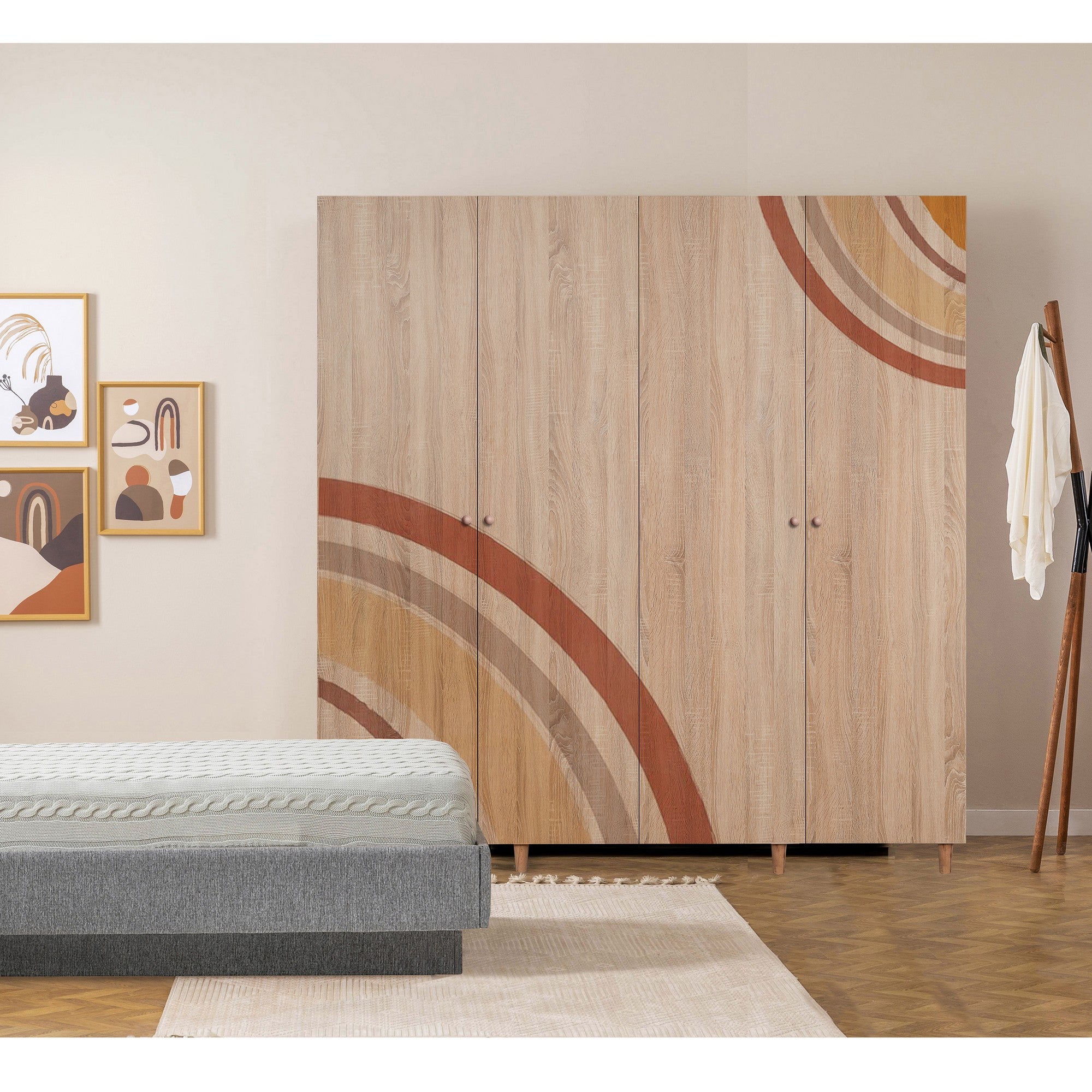 Guarda-roupa elegante com pés de madeira de carpa, cor Sonomo, 180 x 192 x 52 cm | Aglomerado 100% revestido em melamina, revestimento UV, puxadores de madeira maciça, prateleiras amplas