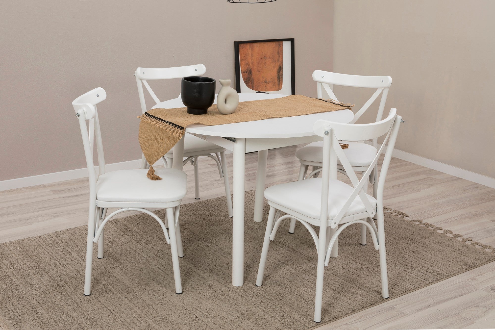 Conjunto de mesa de jantar extensível e cadeiras (5 peças), branco, 100-139 cm | Painel de partículas 100% revestido em melamina, pernas de madeira de faia | Elegante e funcional para refeições modernas