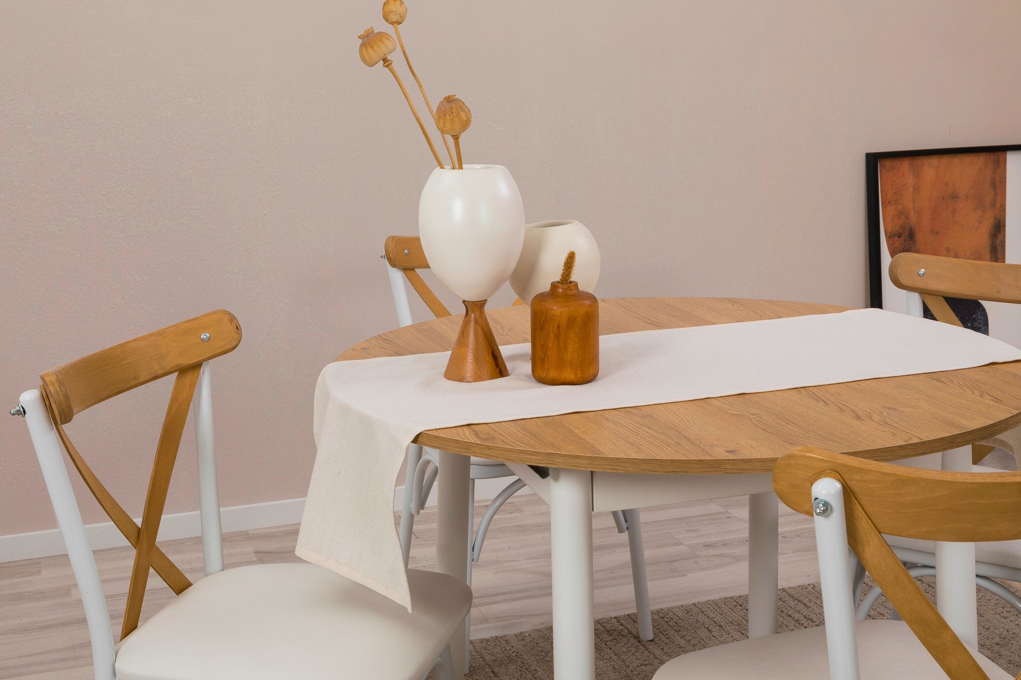 Conjunto de mesa de jantar extensível e cadeiras (5 peças), carvalho e branco, 100 x 100 cm (aberto: 139 cm) | 100% revestido em melamina, pernas de madeira de faia | Elegante e funcional para casas modernas