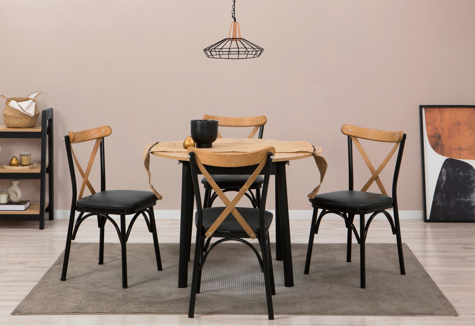 Conjunto de mesa de jantar extensível e cadeiras (5 peças), carvalho e preto, 100 cm - 139 cm | 100% revestido em melamina, pernas de madeira de faia | Elegante e funcional para refeições modernas