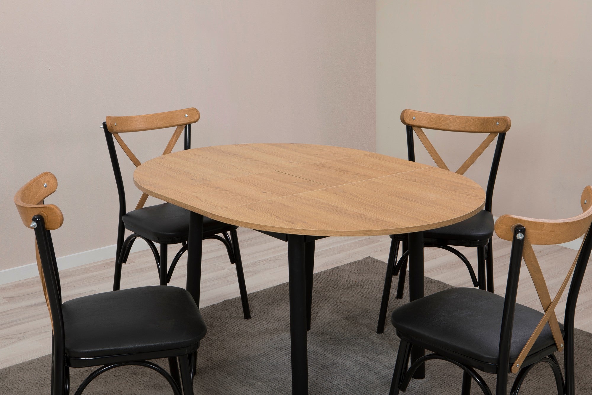 Conjunto de mesa de jantar extensível e cadeiras (5 peças), carvalho e preto, 100 cm - 139 cm | 100% revestido em melamina, pernas de madeira de faia | Elegante e funcional para refeições modernas