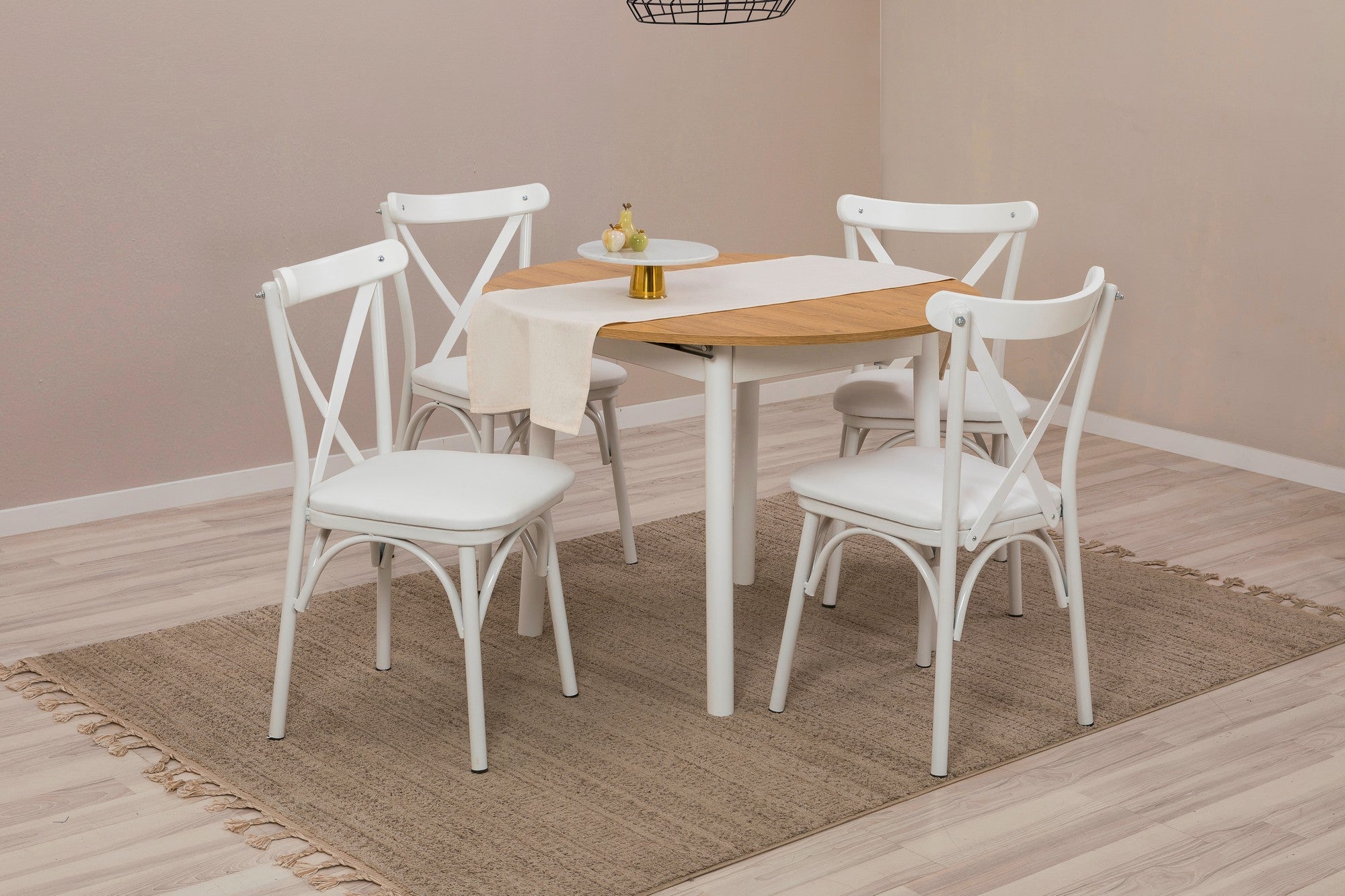 Conjunto de mesa de jantar extensível e cadeiras (5 peças), branco e carvalho, 100 x 100 cm (aberto: 139 cm) | 100% revestido em melamina, pernas de madeira de faia | Elegante e funcional para refeições modernas
