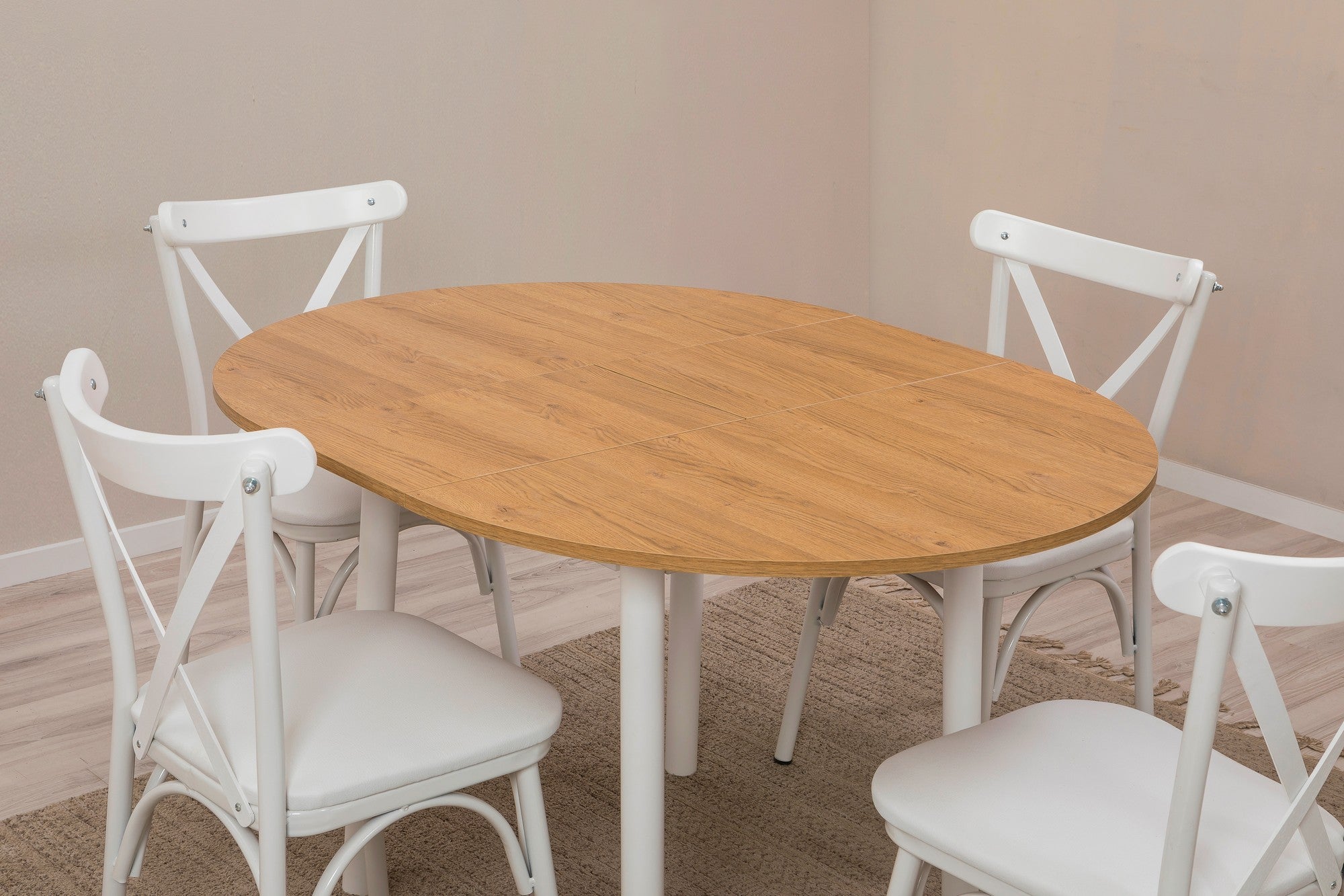 Conjunto de mesa de jantar extensível e cadeiras (5 peças), branco e carvalho, 100 x 100 cm (aberto: 139 cm) | 100% revestido em melamina, pernas de madeira de faia | Elegante e funcional para refeições modernas