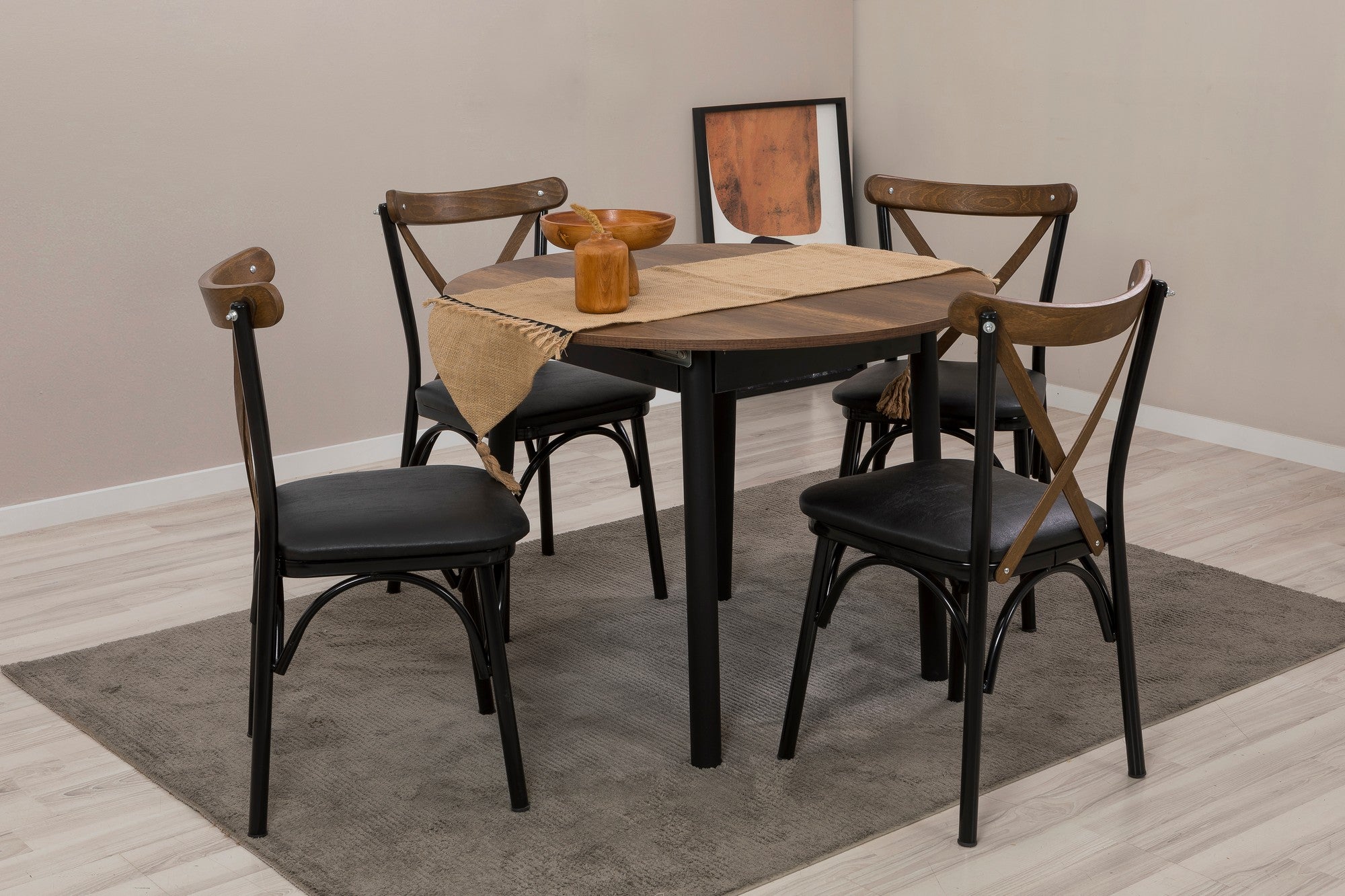 Conjunto de mesa de jantar extensível e cadeiras (5 peças), preto e nogueira, 100 cm | Painel de partículas 100% revestido em melamina, pernas de madeira de faia | Elegante e funcional para espaços de jantar modernos