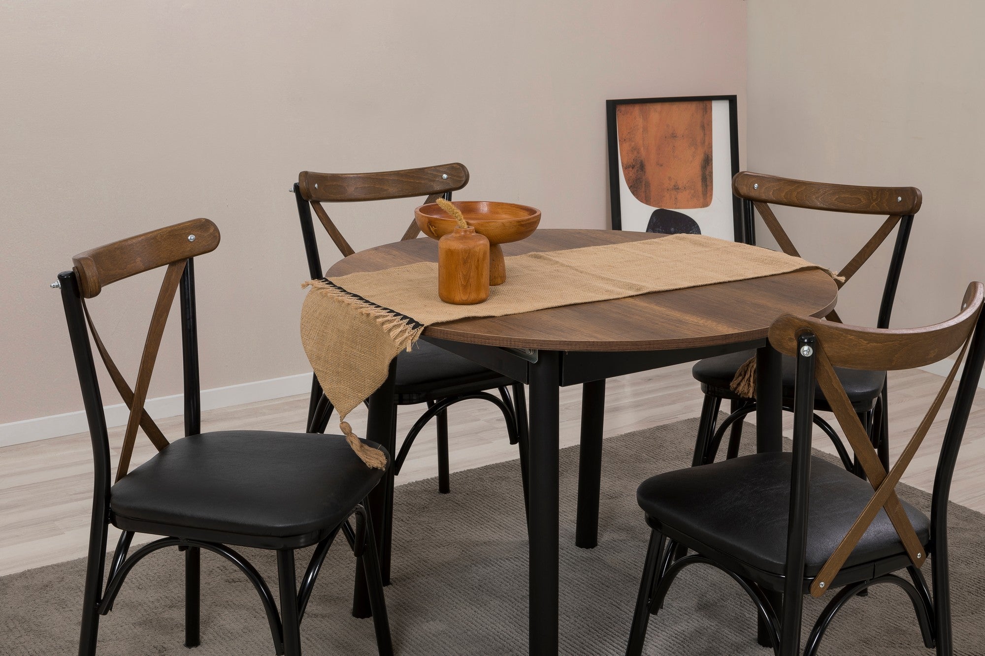 Conjunto de mesa de jantar extensível e cadeiras (5 peças), preto e nogueira, 100 cm | Painel de partículas 100% revestido em melamina, pernas de madeira de faia | Elegante e funcional para espaços de jantar modernos