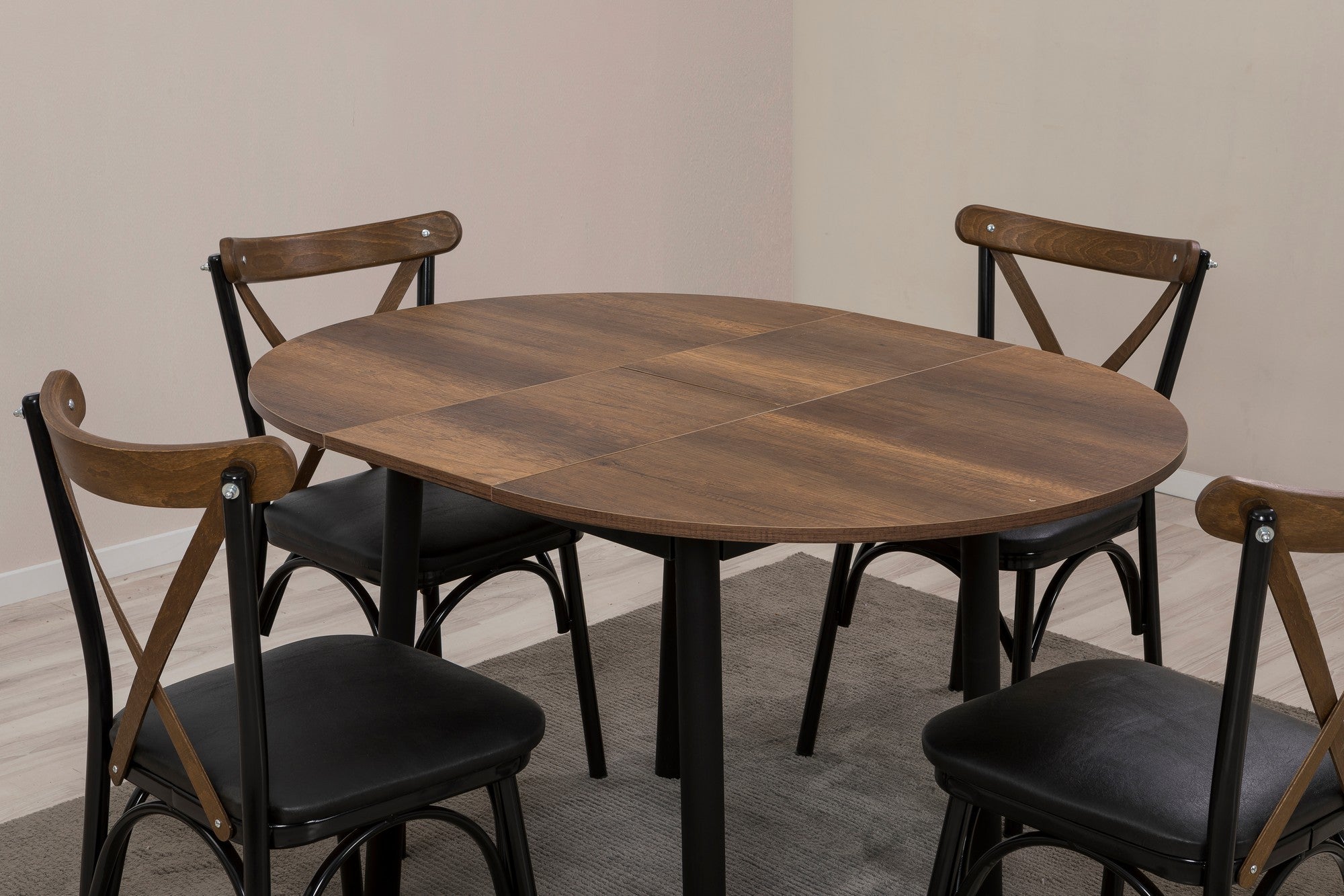 Conjunto de mesa de jantar extensível e cadeiras (5 peças), preto e nogueira, 100 cm | Painel de partículas 100% revestido em melamina, pernas de madeira de faia | Elegante e funcional para espaços de jantar modernos