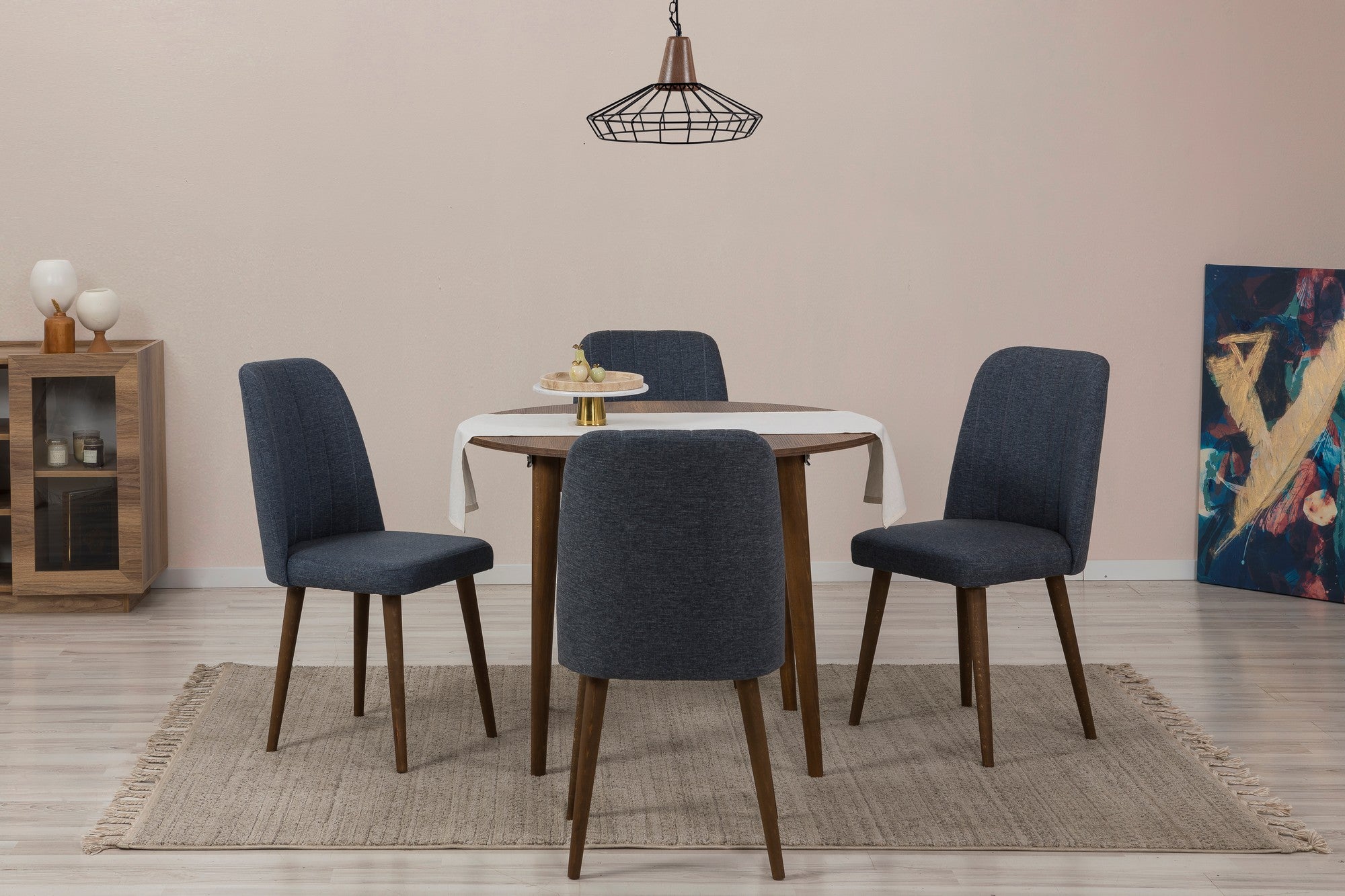 Conjunto de mesa de jantar extensível e cadeiras (5 peças), nogueira e azul-marinho, 100 cm (aberto: 139 cm) | 100% revestido em melamina, 18 mm de espessura | Elegante e funcional para refeições modernas