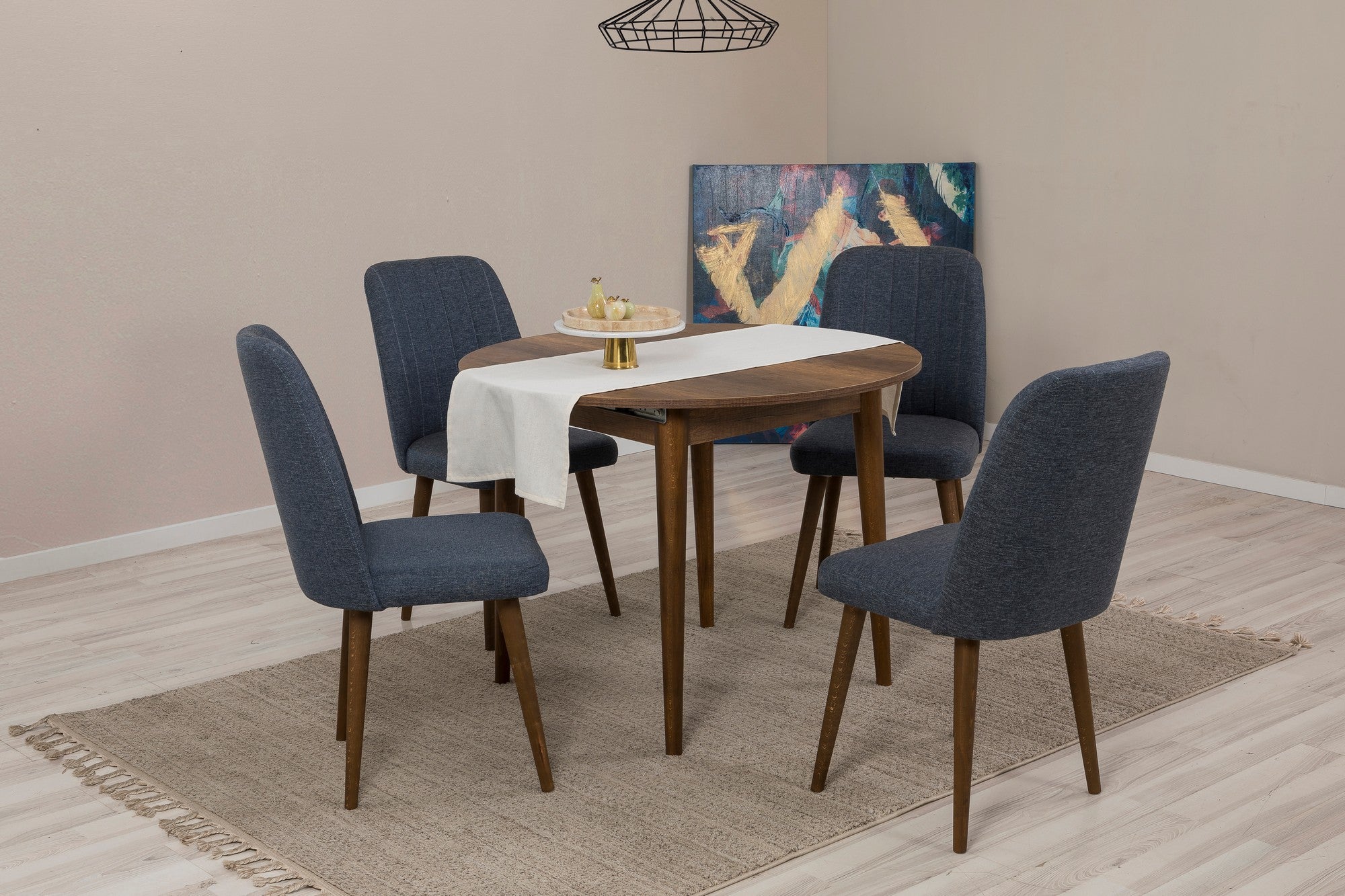 Conjunto de mesa de jantar extensível e cadeiras (5 peças), nogueira e azul-marinho, 100 cm (aberto: 139 cm) | 100% revestido em melamina, 18 mm de espessura | Elegante e funcional para refeições modernas