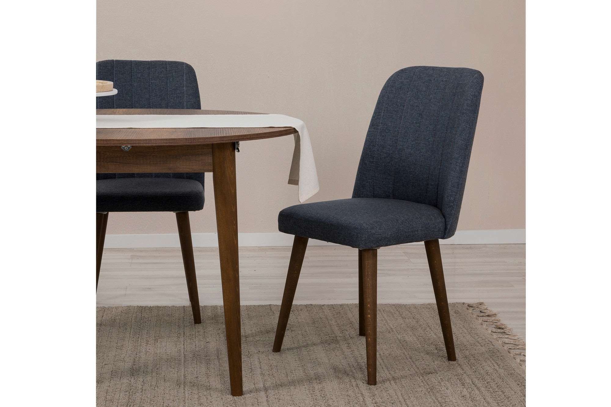 Conjunto de mesa de jantar extensível e cadeiras (5 peças), nogueira e azul-marinho, 100 cm (aberto: 139 cm) | 100% revestido em melamina, 18 mm de espessura | Elegante e funcional para refeições modernas