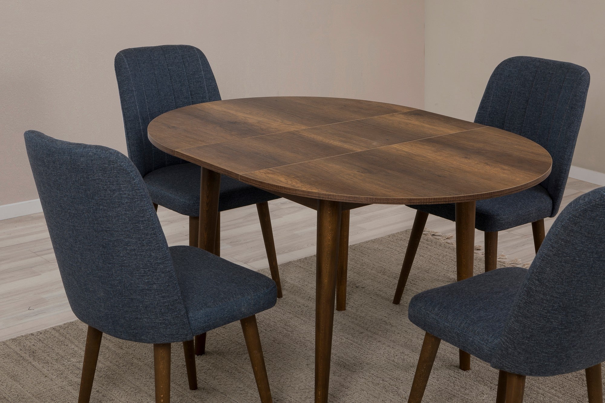 Conjunto de mesa de jantar extensível e cadeiras (5 peças), nogueira e azul-marinho, 100 cm (aberto: 139 cm) | 100% revestido em melamina, 18 mm de espessura | Elegante e funcional para refeições modernas