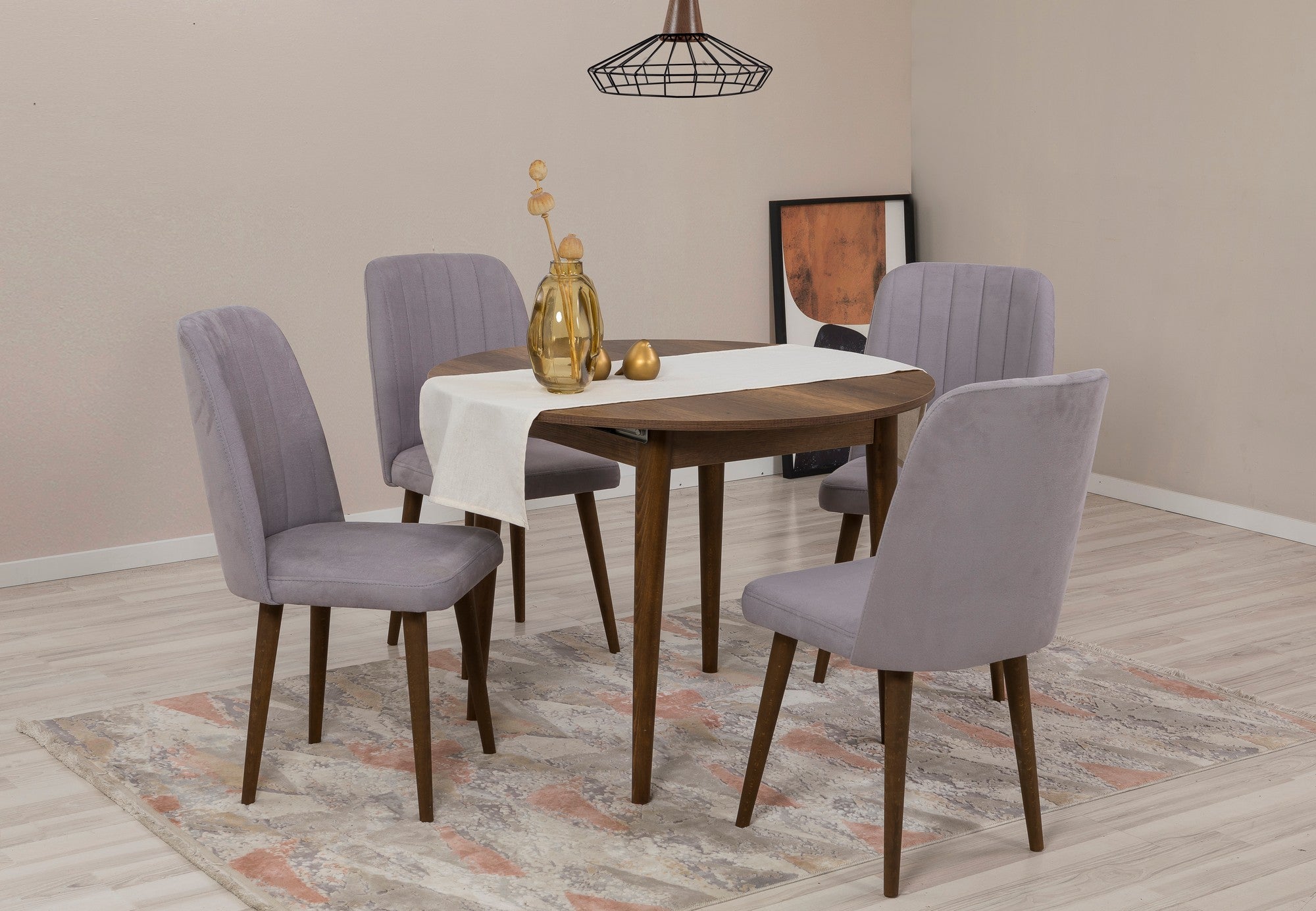Conjunto de mesa de jantar extensível e cadeiras (5 peças), nogueira e cinza, 100 cm (aberto: 139 cm) | 100% revestido em melamina, 18 mm de espessura | Elegante e funcional para refeições modernas