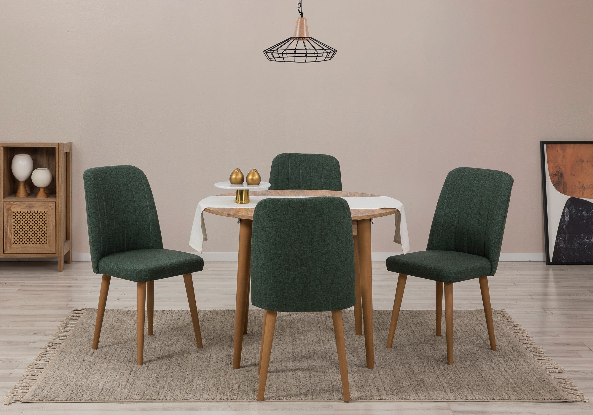 Conjunto de mesa de jantar extensível e cadeiras (5 peças), pinho atlântico e verde, 100 cm (aberto: 139 cm) | 100% revestido em melamina, 18 mm de espessura | Elegante e funcional para salas de jantar modernas