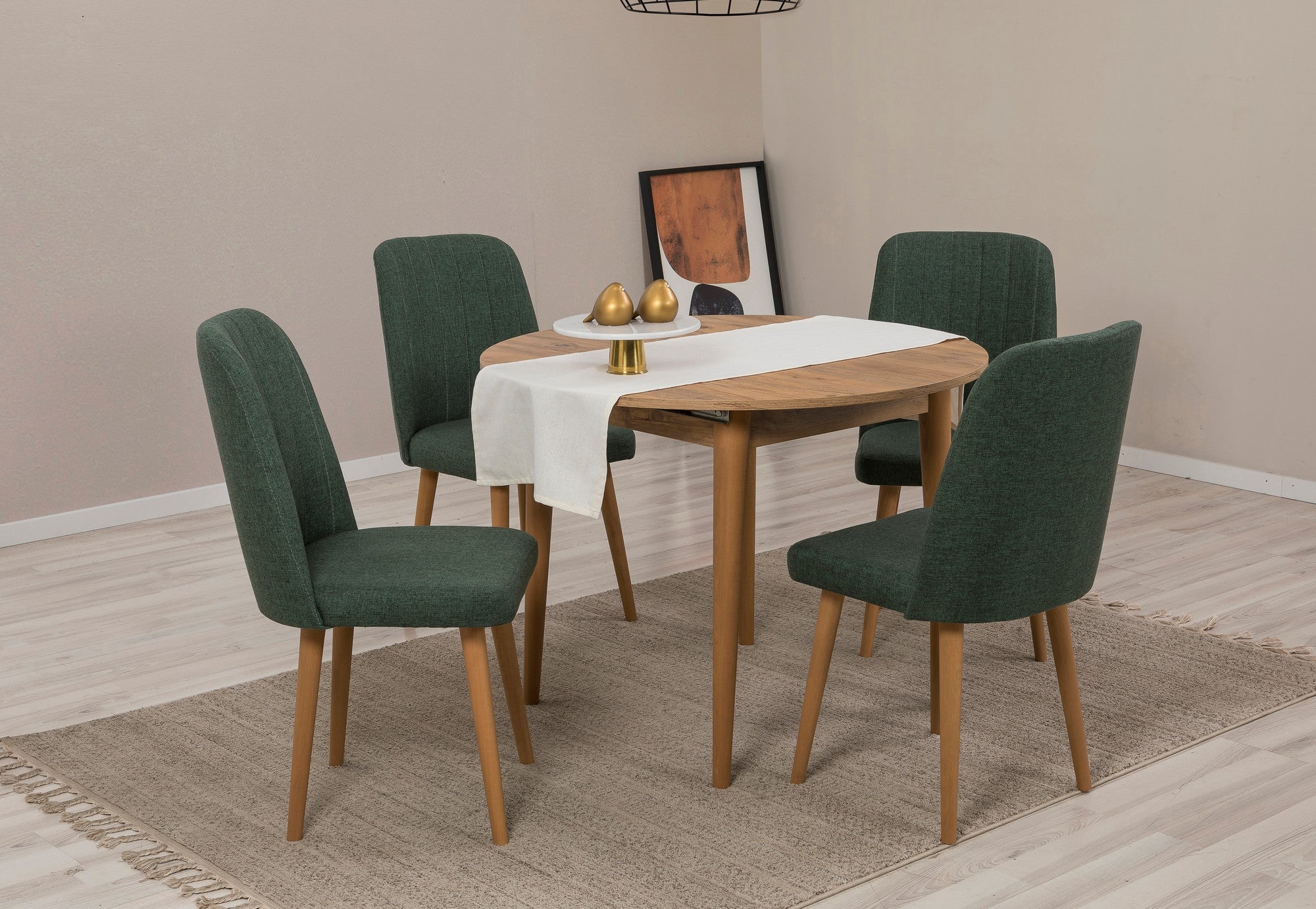 Conjunto de mesa de jantar extensível e cadeiras (5 peças), pinho atlântico e verde, 100 cm (aberto: 139 cm) | 100% revestido em melamina, 18 mm de espessura | Elegante e funcional para salas de jantar modernas