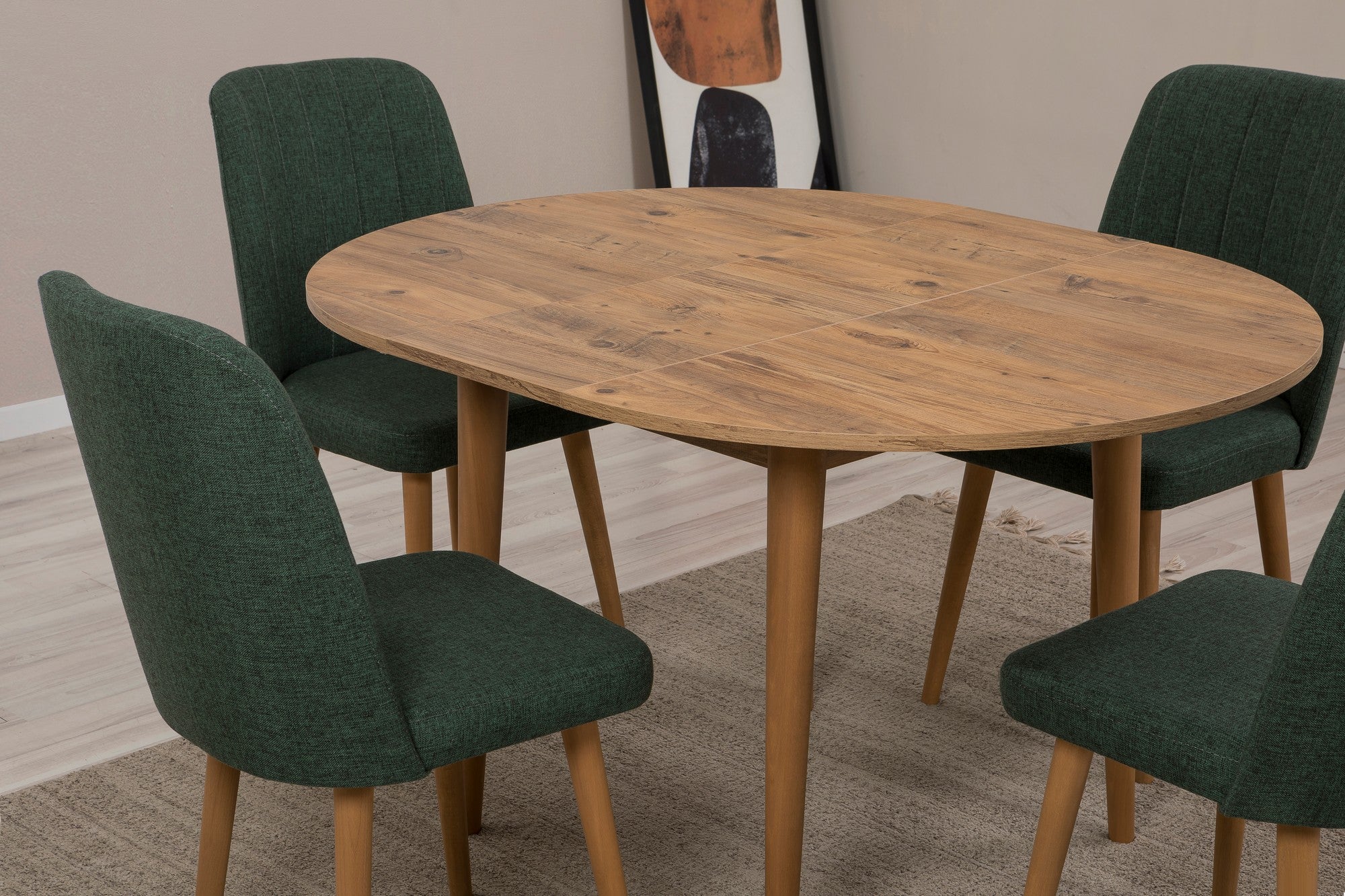 Conjunto de mesa de jantar extensível e cadeiras (5 peças), pinho atlântico e verde, 100 cm (aberto: 139 cm) | 100% revestido em melamina, 18 mm de espessura | Elegante e funcional para salas de jantar modernas