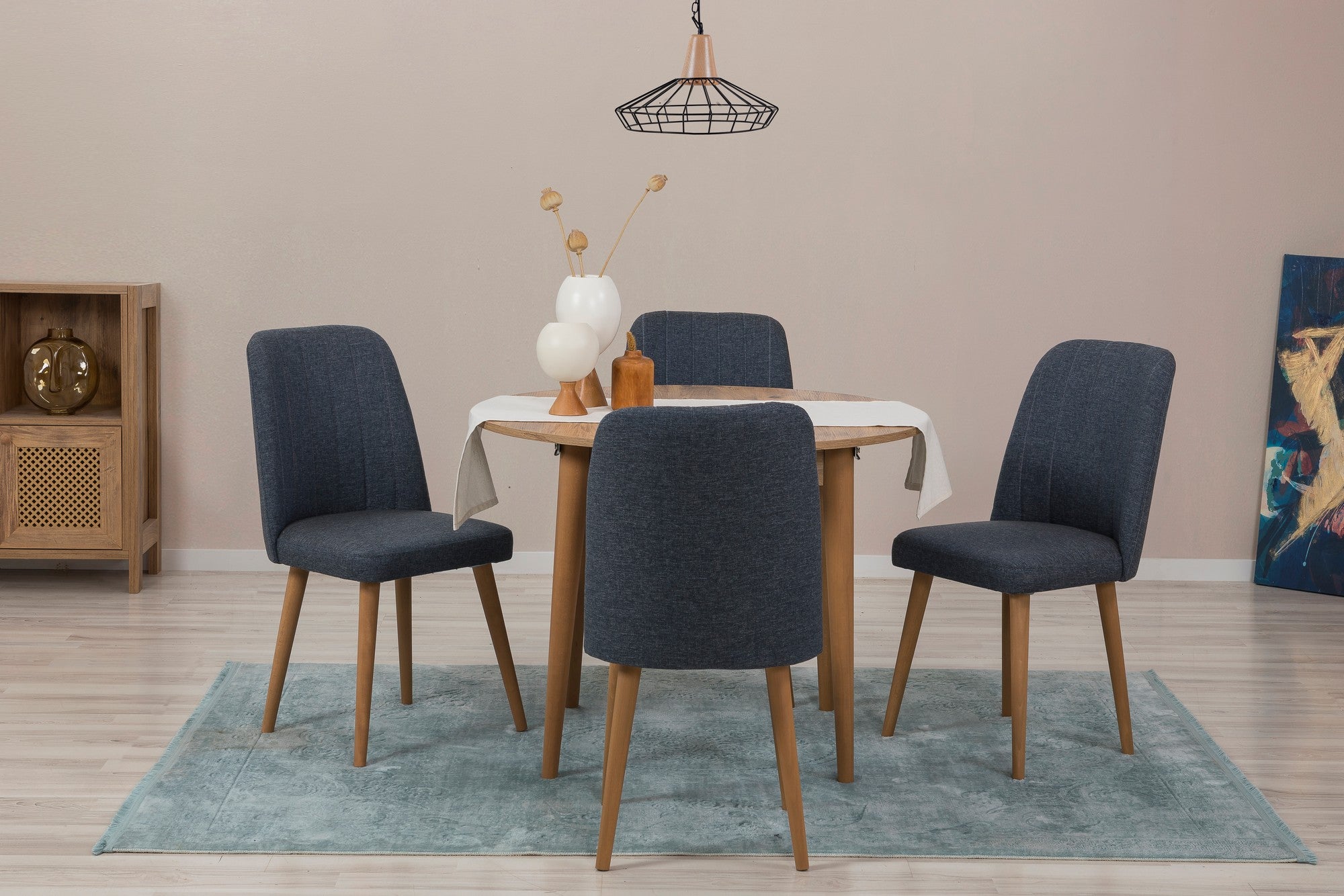 Conjunto de mesa de jantar extensível e cadeiras (5 peças), pinho atlântico e azul-marinho, 100 cm (aberto: 139 cm) | 100% revestido em melamina, pernas de madeira | Elegante e funcional