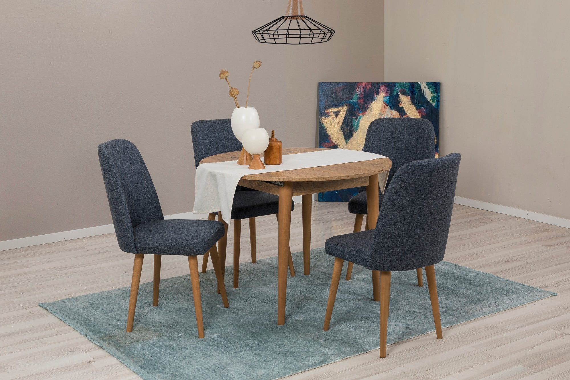 Conjunto de mesa de jantar extensível e cadeiras (5 peças), pinho atlântico e azul-marinho, 100 cm (aberto: 139 cm) | 100% revestido em melamina, pernas de madeira | Elegante e funcional