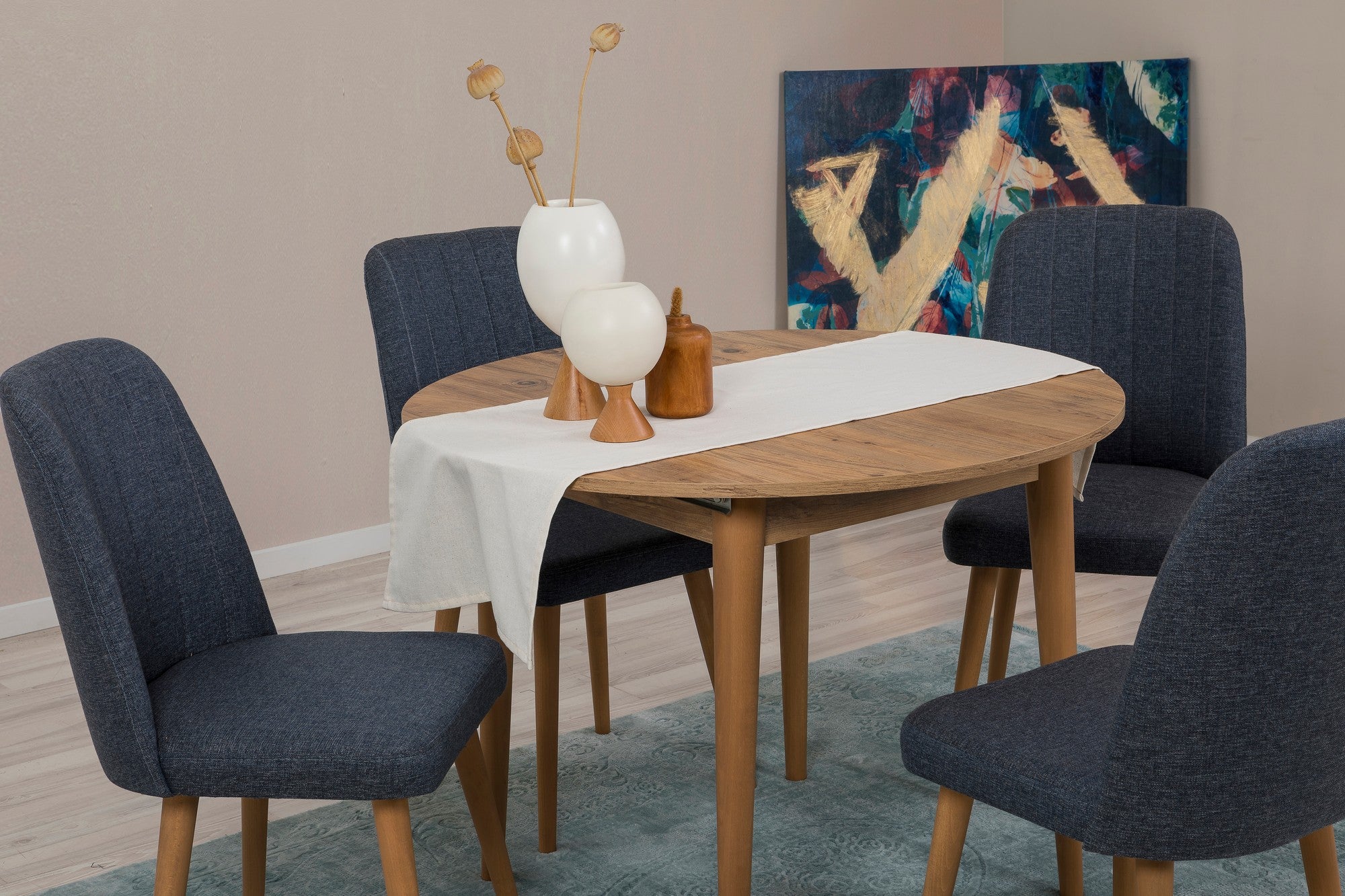 Conjunto de mesa de jantar extensível e cadeiras (5 peças), pinho atlântico e azul-marinho, 100 cm (aberto: 139 cm) | 100% revestido em melamina, pernas de madeira | Elegante e funcional