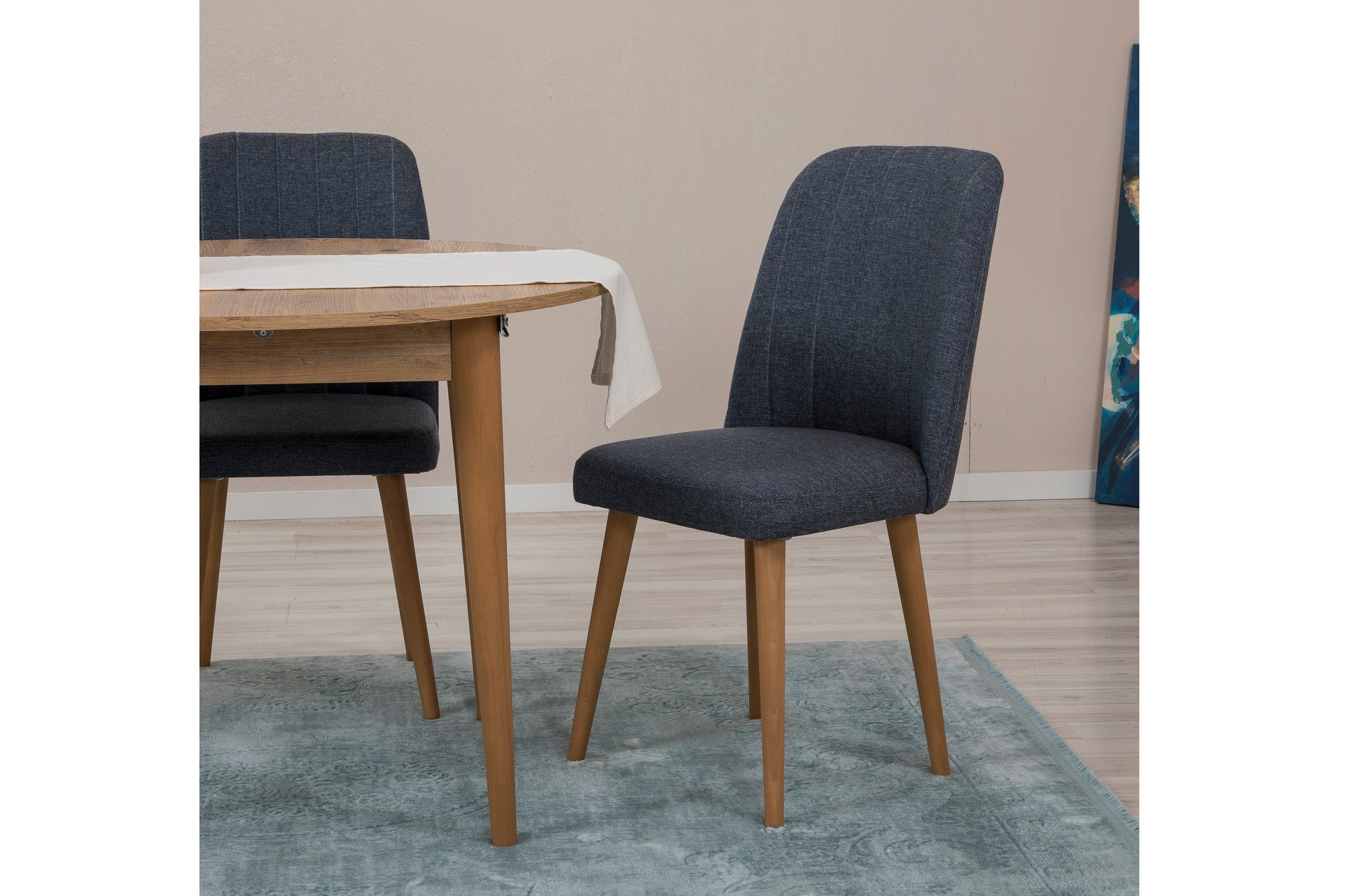 Conjunto de mesa de jantar extensível e cadeiras (5 peças), pinho atlântico e azul-marinho, 100 cm (aberto: 139 cm) | 100% revestido em melamina, pernas de madeira | Elegante e funcional