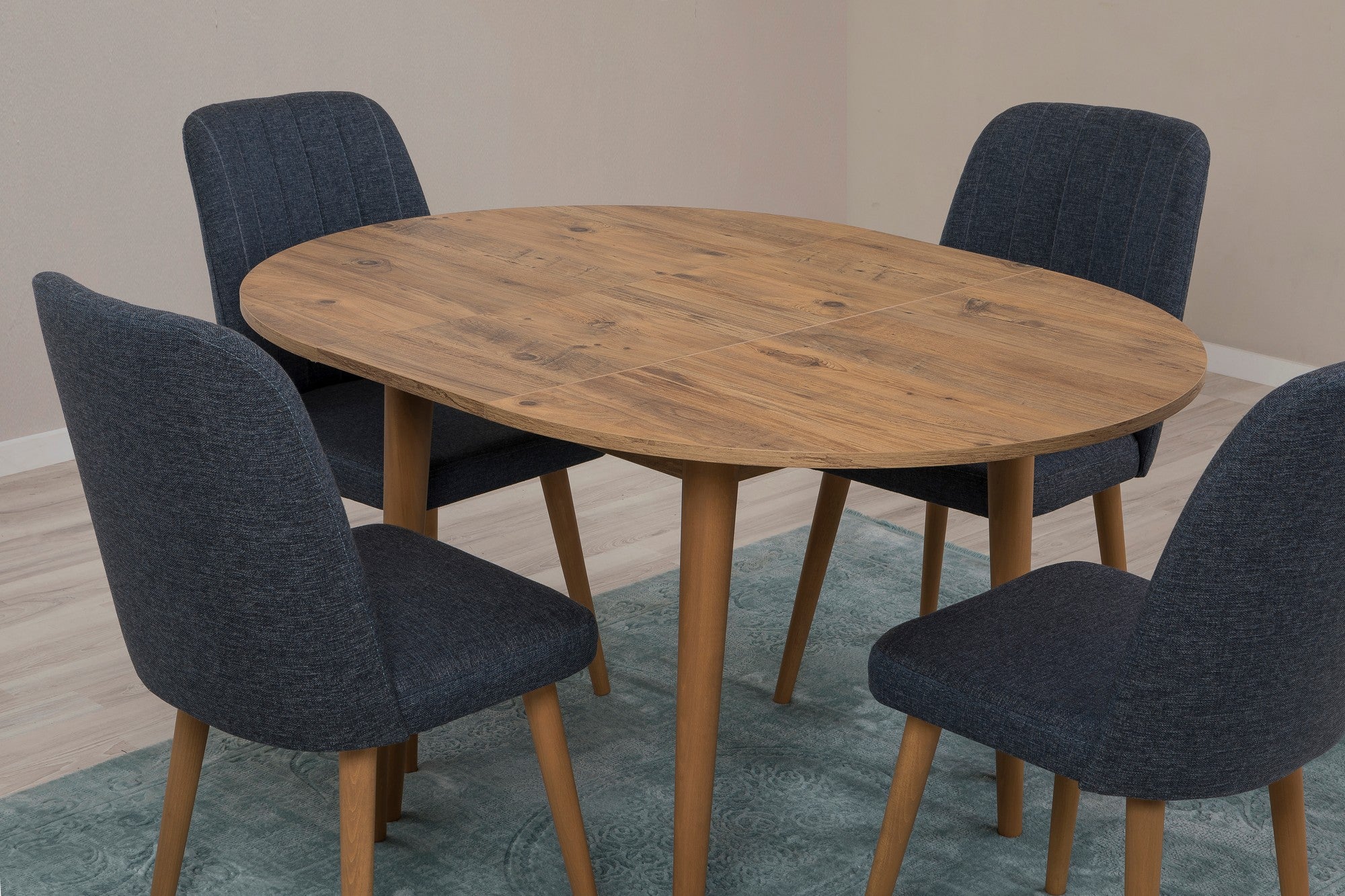Conjunto de mesa de jantar extensível e cadeiras (5 peças), pinho atlântico e azul-marinho, 100 cm (aberto: 139 cm) | 100% revestido em melamina, pernas de madeira | Elegante e funcional
