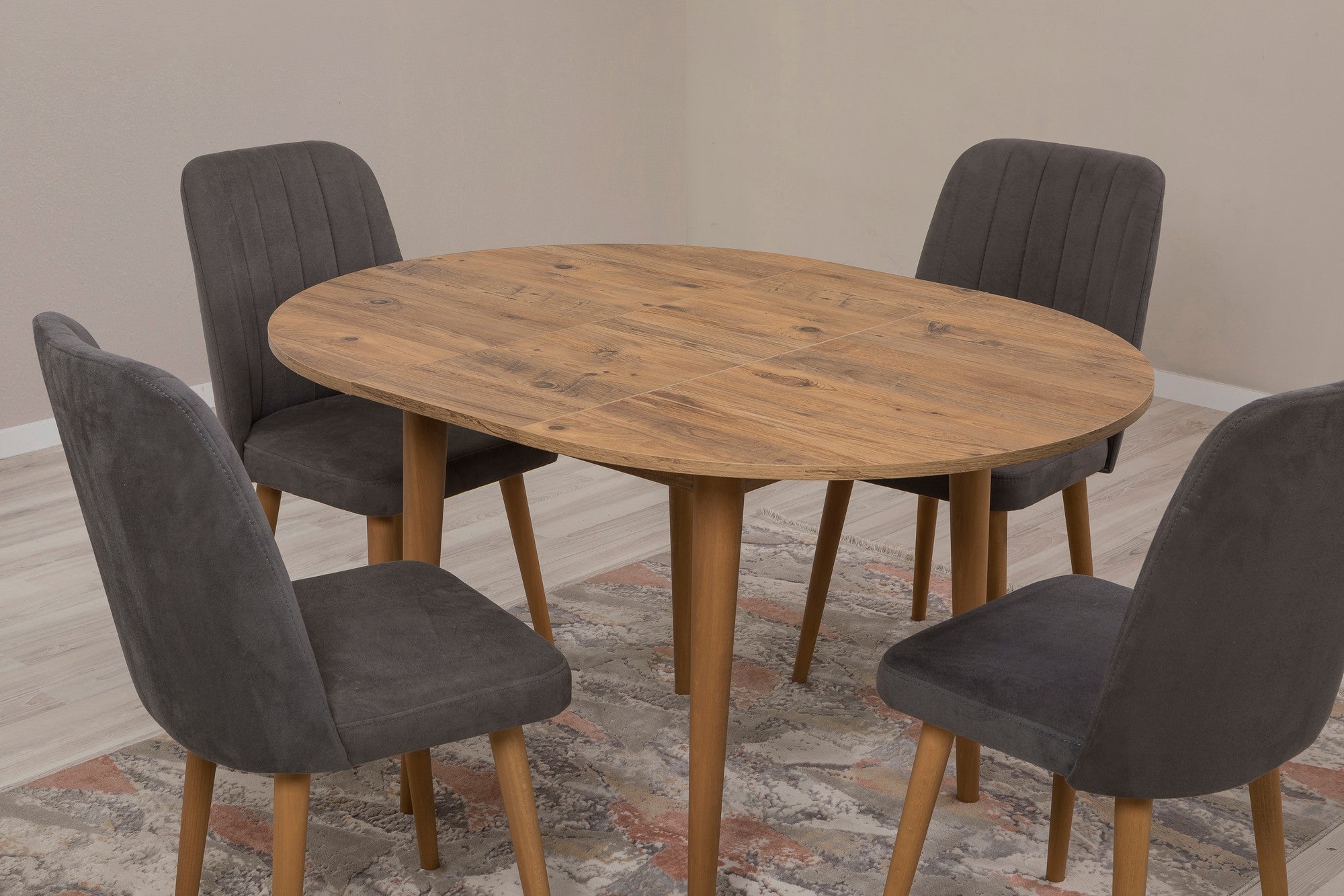 Conjunto de mesa de jantar extensível e cadeiras (5 peças), pinho do Atlântico e antracite, 100 cm (abertura 139 cm) | 100% revestido em melamina, 18 mm de espessura | Elegante e funcional para espaços de jantar modernos