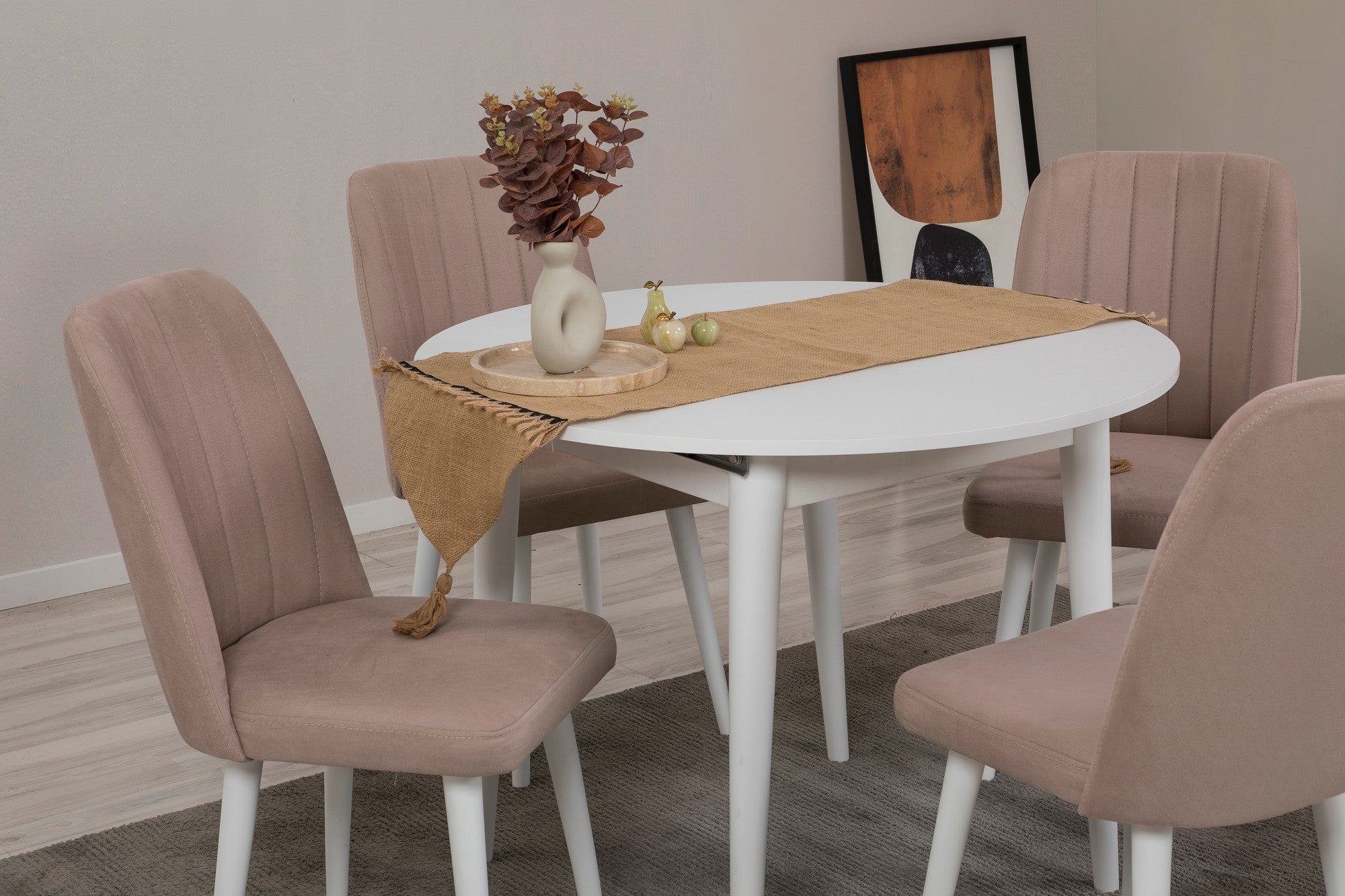 Conjunto de mesa de jantar extensível e cadeiras (5 peças), branco e pedra, 100 cm (aberto: 139 cm) | 100% revestido em melamina, 18 mm de espessura | Elegante e funcional para espaços de jantar modernos